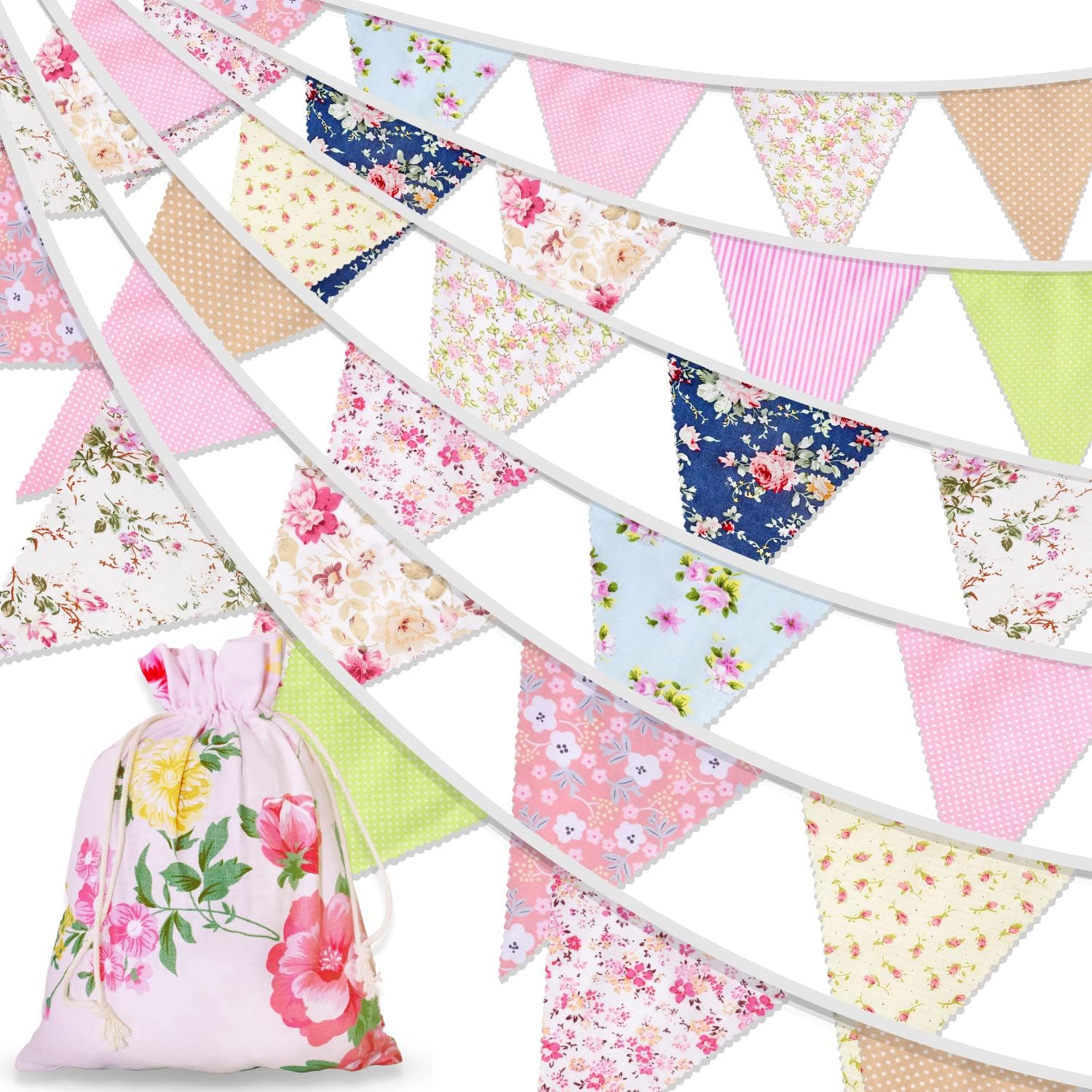 45.9ft Fabric Bunting Flags, 46Pcs Vintage Garden Bunting + Drawstring Bag, Floral Bunting for Birthday, Party, Easter, Festival, Afternoon Tea Decorations