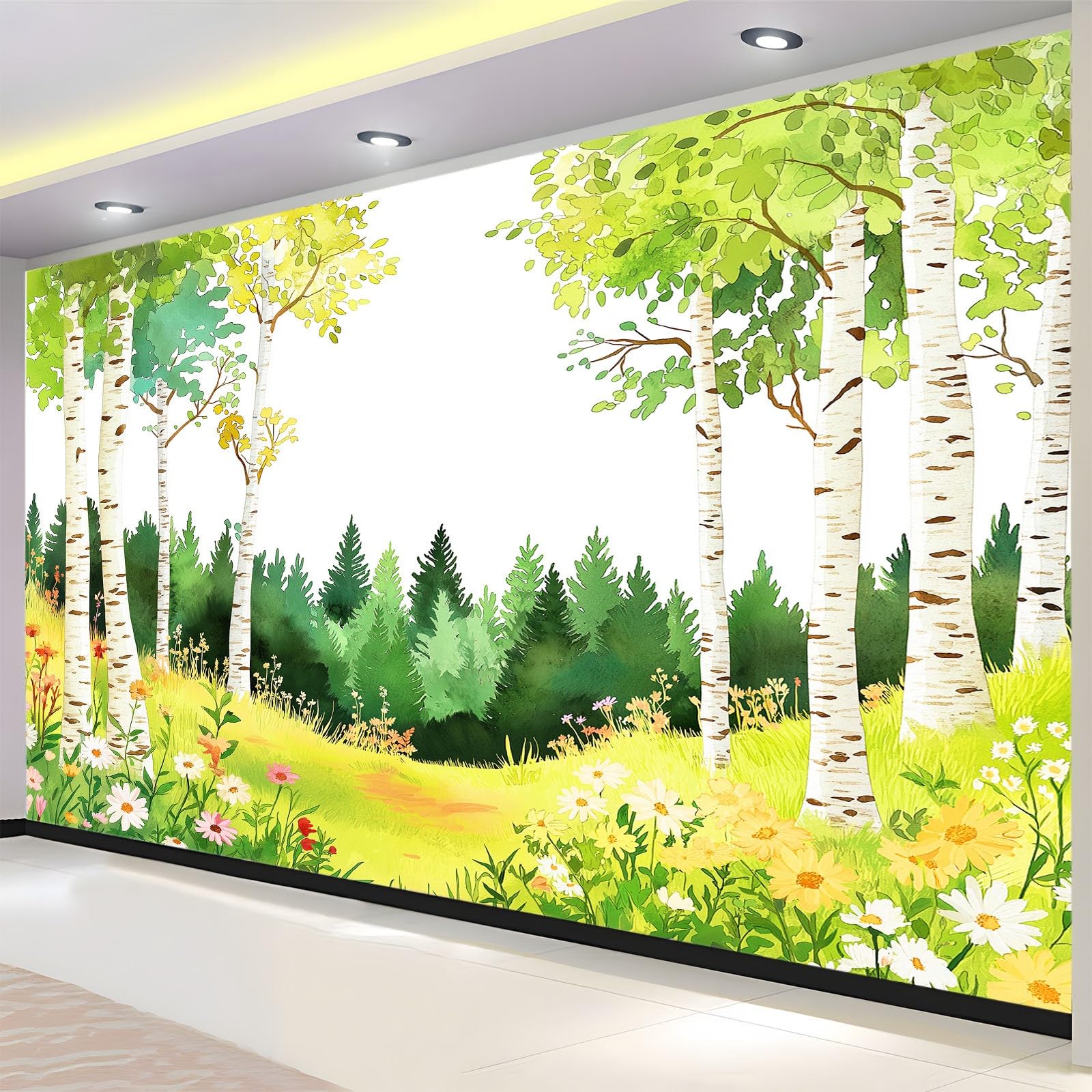 Panoramiczna tapeta Kreskówki Rośliny brzozy, zielone obrazy ścienne 350 x 256 cm (dł. x wys.) - Dekoracja domu do salonu i sypialni
