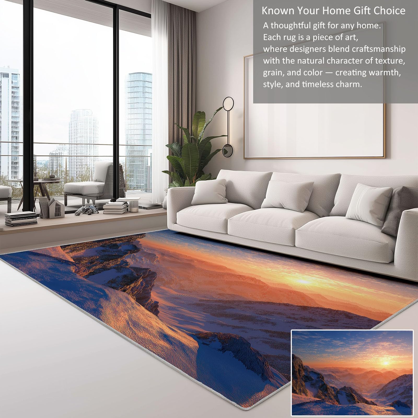 Genérico Alfombras Lavables para Sala de Estar Sol y Montañas Fotografía Paisaje Natural 80 x 150 cm, de Pelo Corto Suaves para Dormitorio - Antideslizantes, esponjosas de Lana sintética con Efecto