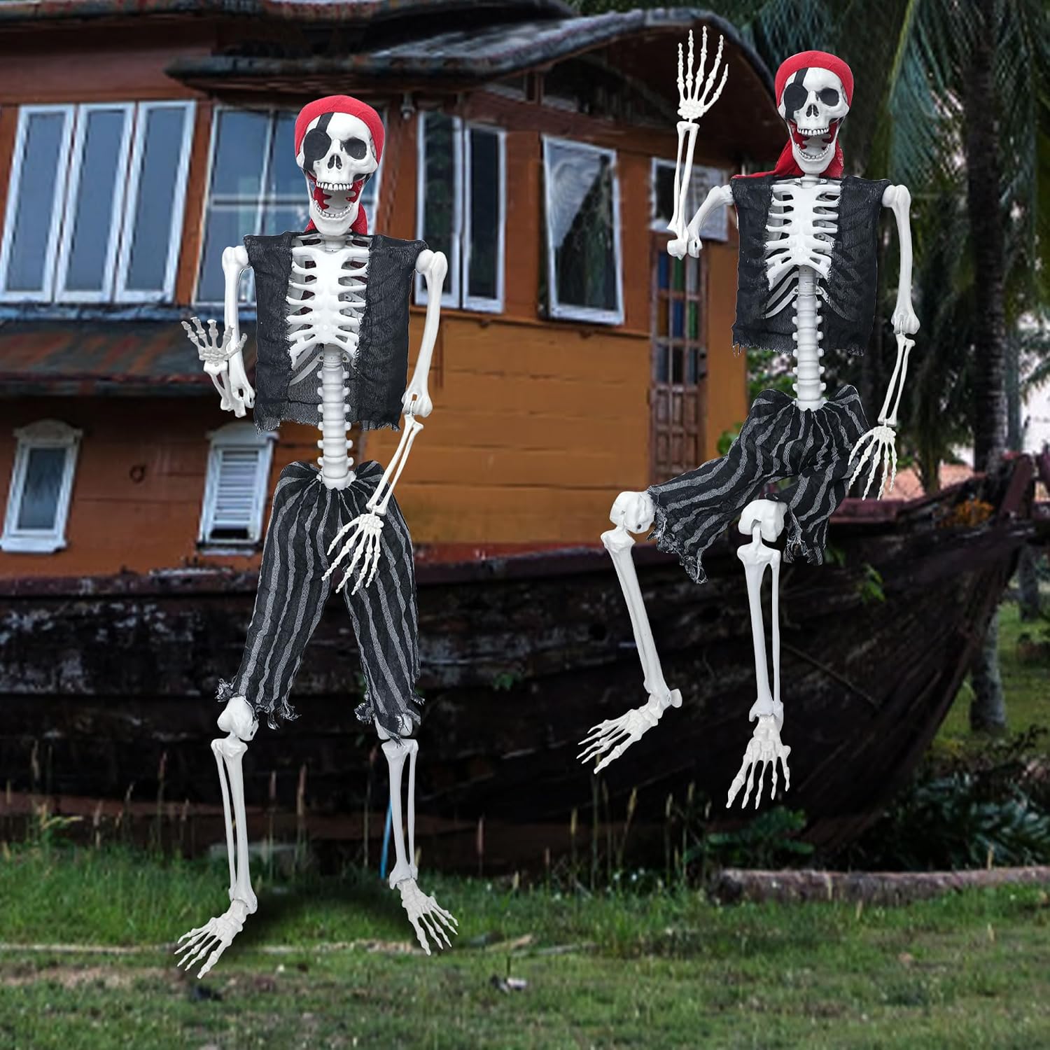 5.4ft Halloween Posable Skeleton Realistic Life Size Human Skeleton Bones Pirate Style with Movable Joints for Halloween Props Spooky Party Decoration