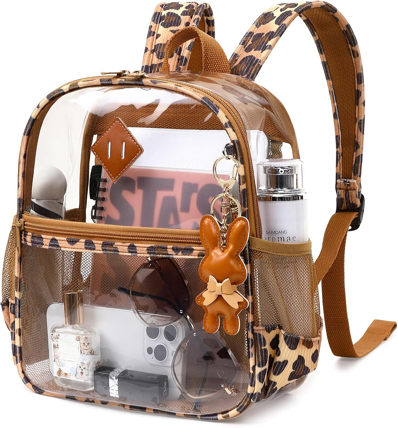 MUSEVOS Clear Backpack for Stadium Events Approved 12×6×12, Thick TPU Mini Clear Bag with Front Pocket for Concert Sport Events Work Travel, Leopard Print