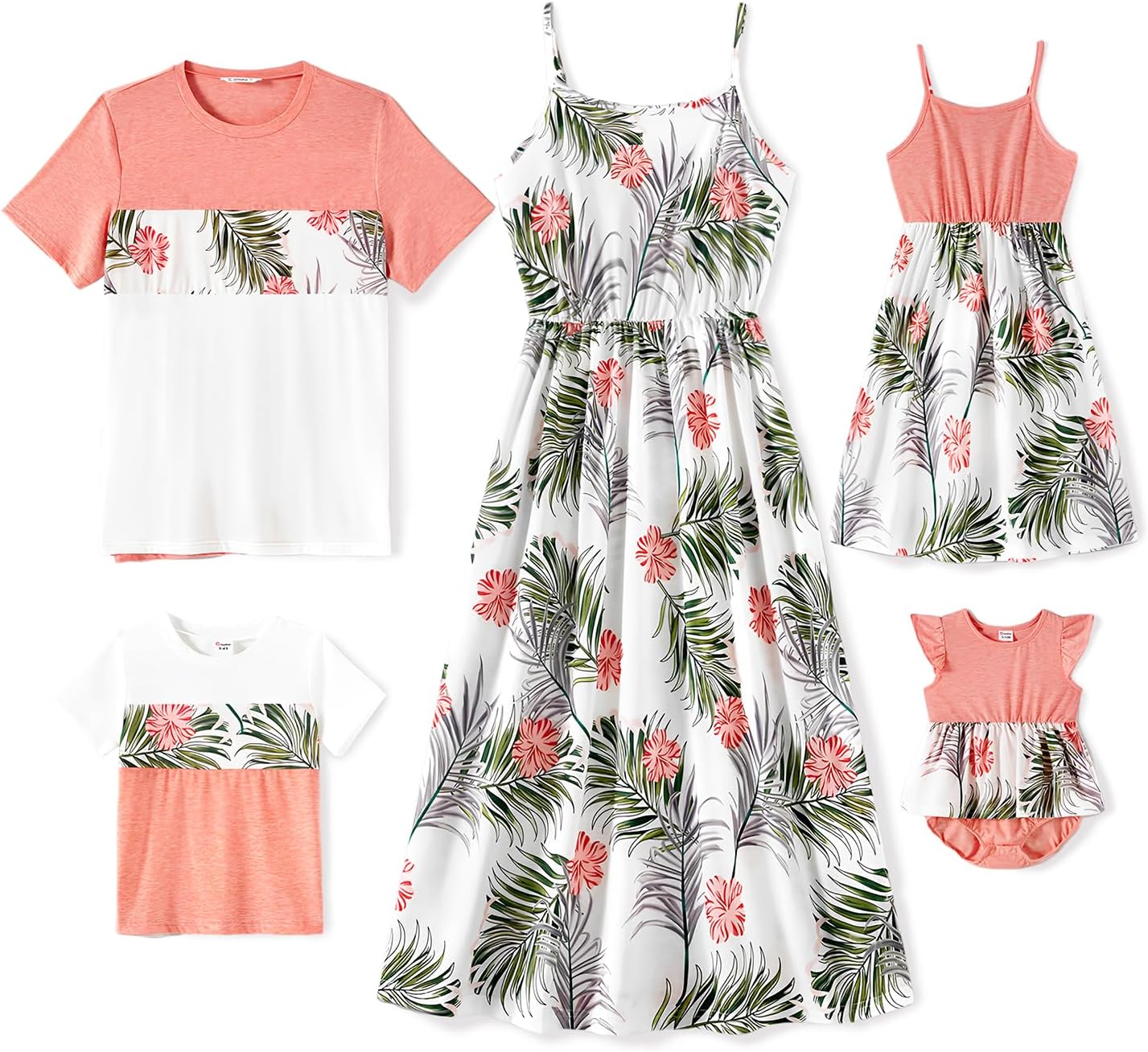 PATPAT Family Matching Outfits Mommy and Me Dresses Spaghetti Sleeveless Summer Vacation Hawaiian Dress and T-Shirts Sets