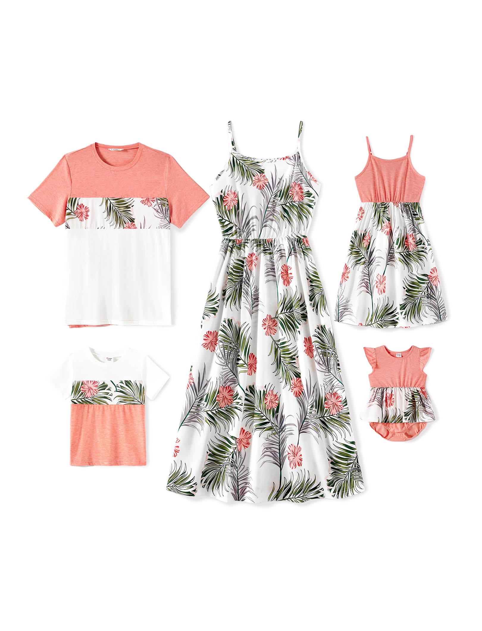 PATPAT Family Matching Outfits Mommy and Me Dresses Spaghetti Sleeveless Summer Vacation Hawaiian Dress and T-Shirts Sets