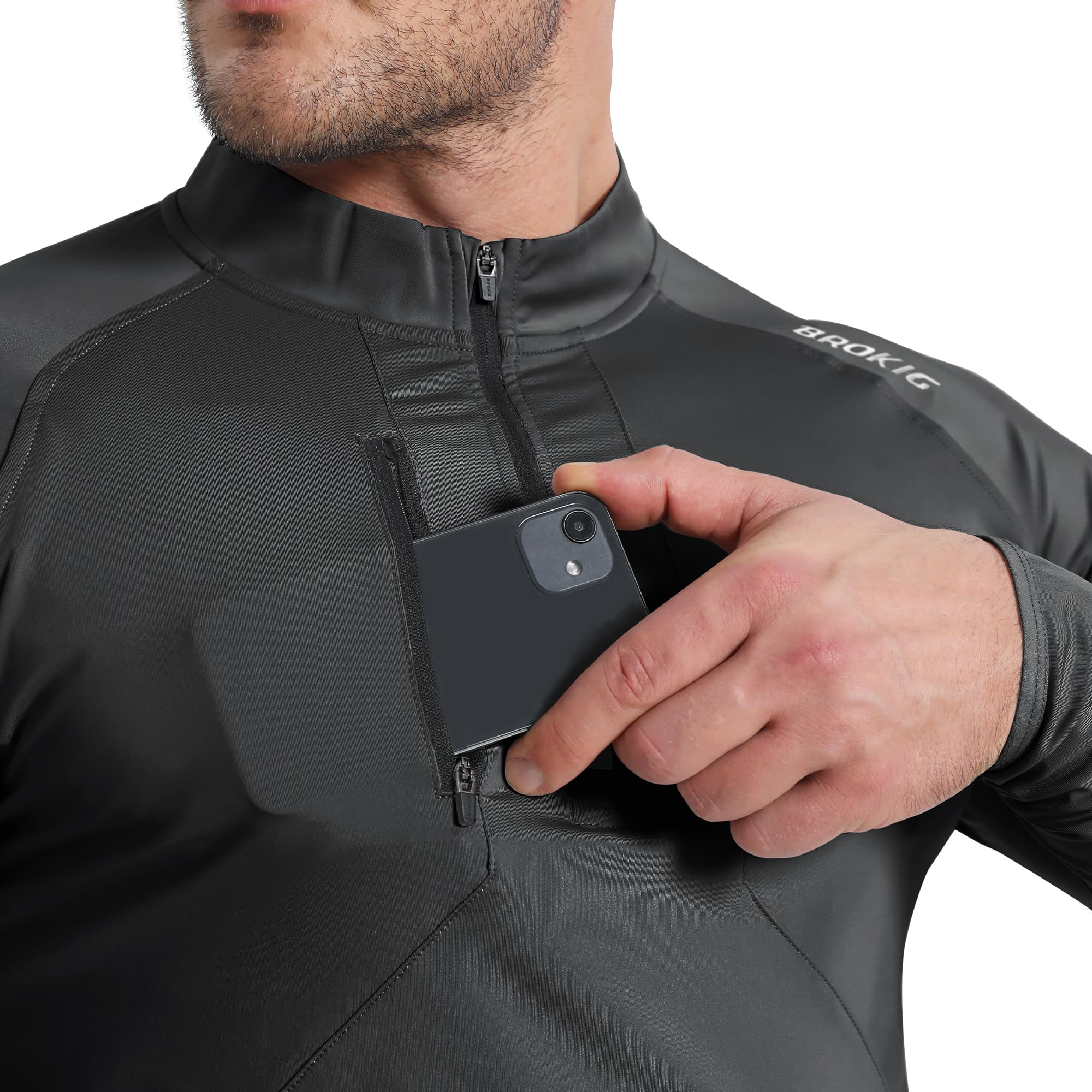 BROKIG WindBreak - Sudadera deportiva de manga larga con cremallera de 1/4 para hombre, ligera, para exteriores, UPF 50+, con bolsillos