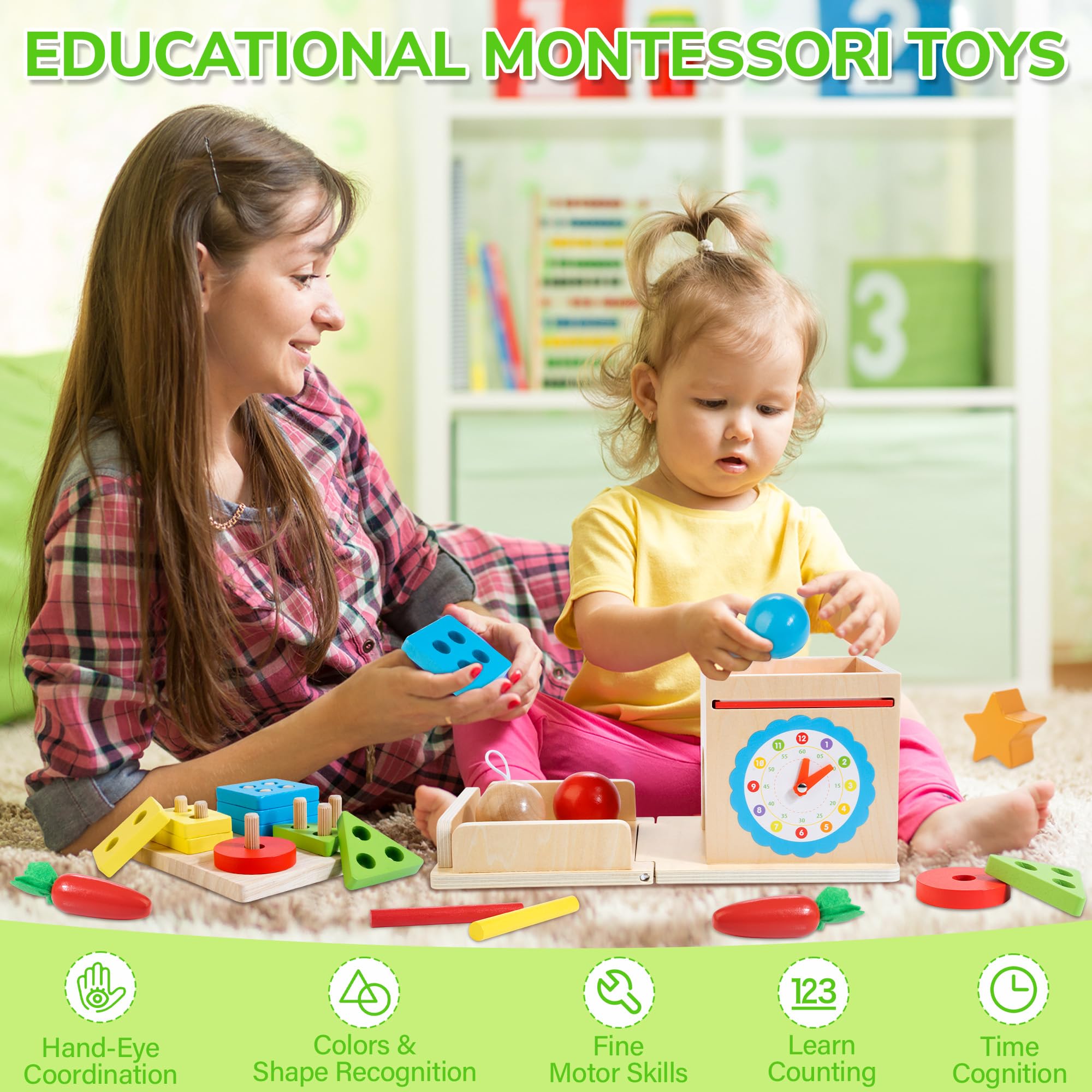 Juguetes Montessori para niños de más de 1 año, kit de juego de madera 8 en 1, incluye caja permanente de objetos, cubo de actividades de aprendizaje, juguete de clasificación y apilamiento, 7