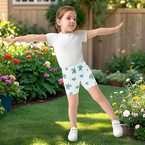 Leaf Sea Turtle Blue Girls Bike Shorts Toddler Soft Cotton Active Under Dress Shorts(Multi-leaf Sea Turtle Blue,5T)