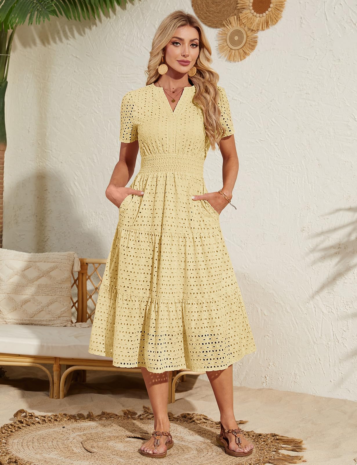 heekpek Vestito Lungo Estivo Donna Cotone Scollo a V Elegante Abito Vita Alta A Line Maniche Corte Abiti Estivi Curvy con Tasche
