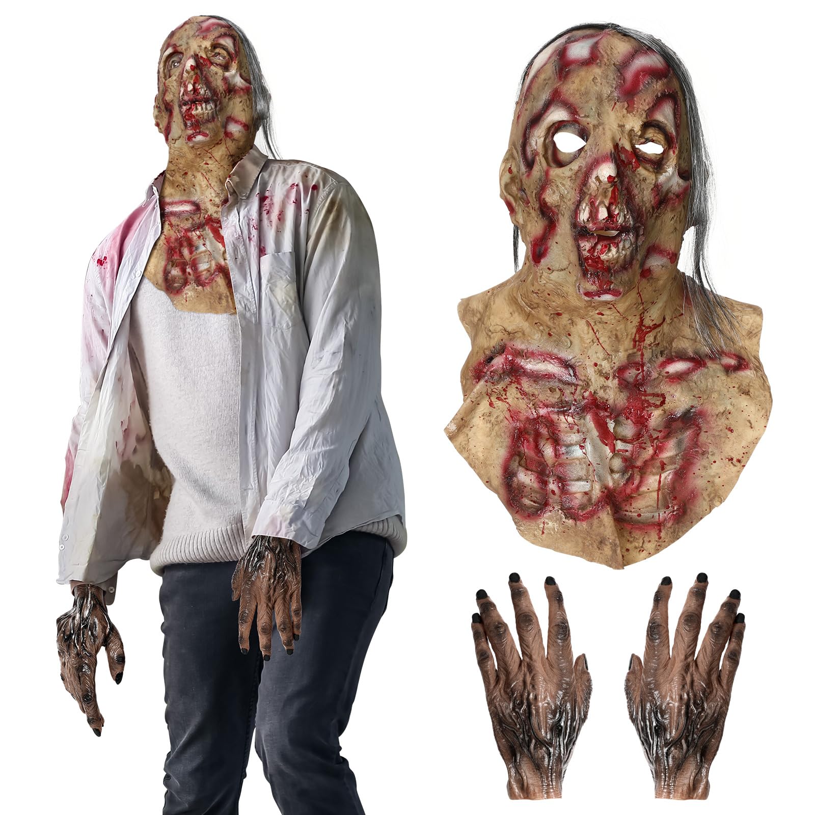 SimgoingScary Zombie Head Mask with Gloves - Full Head Latex Demon Mask with Broken Face for Adult Halloween Horror Costume Cosplay Props (Skull)