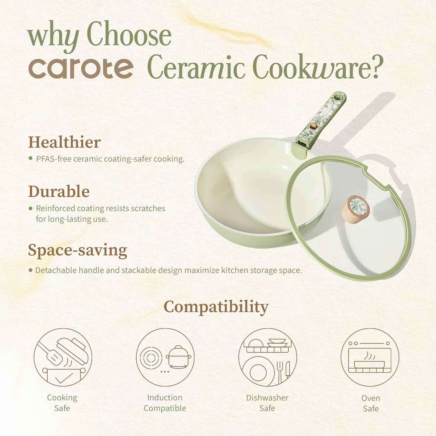 CAROTE 25-Piece Ceramic Cookware Set, Nonstick Pots and Pans Set with Detachable Handle, Non-Toxic Kitchen Cooking Set, Dishwasher & Oven Safe, Induction Compatible, PFAS Free, Green