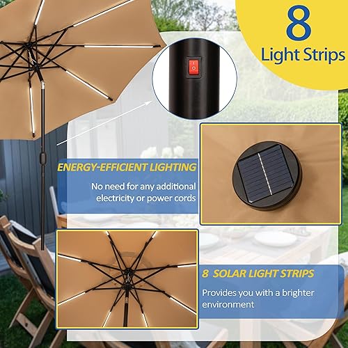 Miniatura 4 de Sunnyglade Sombrilla solar de patio con luz LED para exteriores de 9 pies con 8 tiras de luces LED y 8 varillas, práctico sistema de elevación de