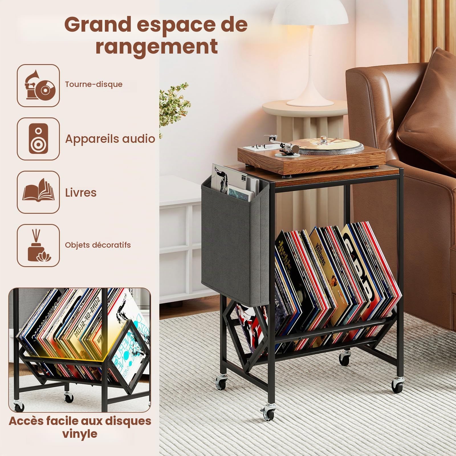 GIANTEX Meuble Vinyle à roulettes avec Poche Latérale, Meuble Vinyle Rangement pour 100 Albums CDs, Cadre en Métal, Support pour Tourne-Disques pour Salon, Salle de Musique (Marron)