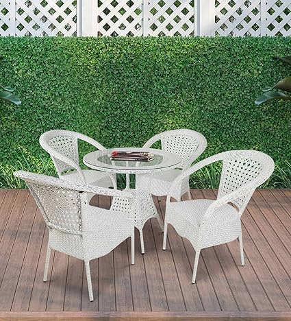 KLODOR Premium Designer Garden/Balcony/Terrace/Coffee/Poolside Patio Wicker Seating Chair and Table Set Outdoor Furniture (D-8 WHITE STR, 4+1)