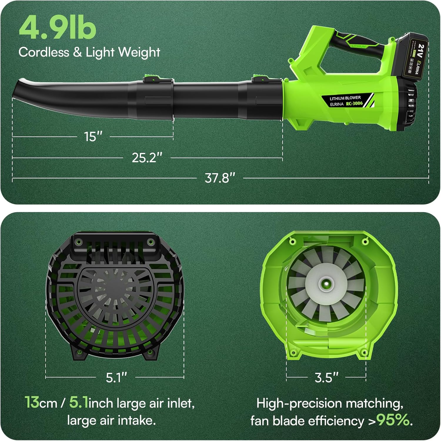 ELRINA Leaf Blower Cordless with 2 x 3.0Ah Batteries and Charger, 6-Speed Mode Lightweight Electric Blowers for Lawn Care, Yard Cleaning, Blowing Leaves, Dust, Snow Green, with Shoulder Straps - Image 6