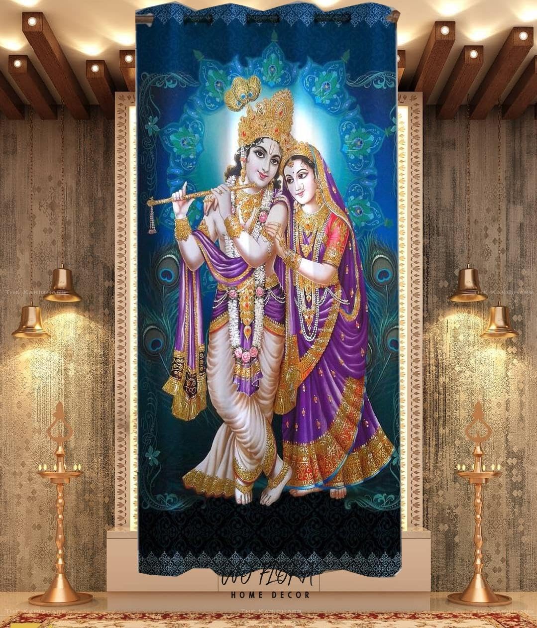WO FLORA 3D Radha Krishna Curtains for Poojaroom/Radha Krishan ji Pooja ghar mandir Parde Home Temple Curtain 4x5 Feet Window Curtain Pack of 1 Pc