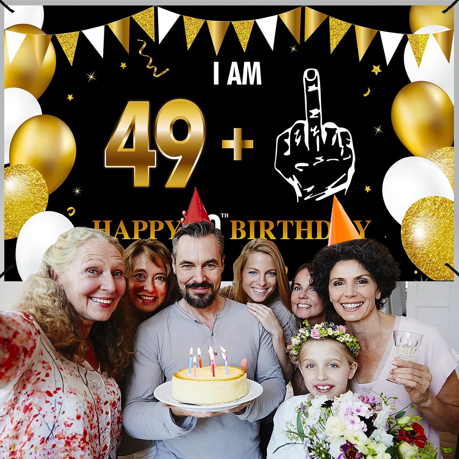 Turypaty 50th Birthday Decorations, Big Black Gold I Am 49+1 Banner image 4