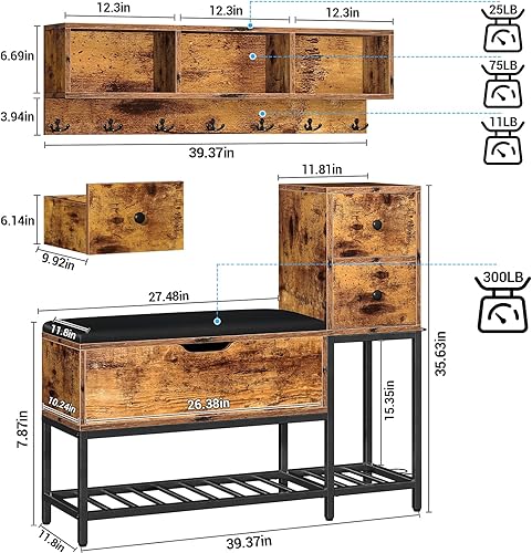 Miniatura 5 de Juego de banco de zapatos de 39 pulgadas con caja superior abatible y 2 cajones, banco de entrada con almacenamiento de zapatos, banco de entrada 7