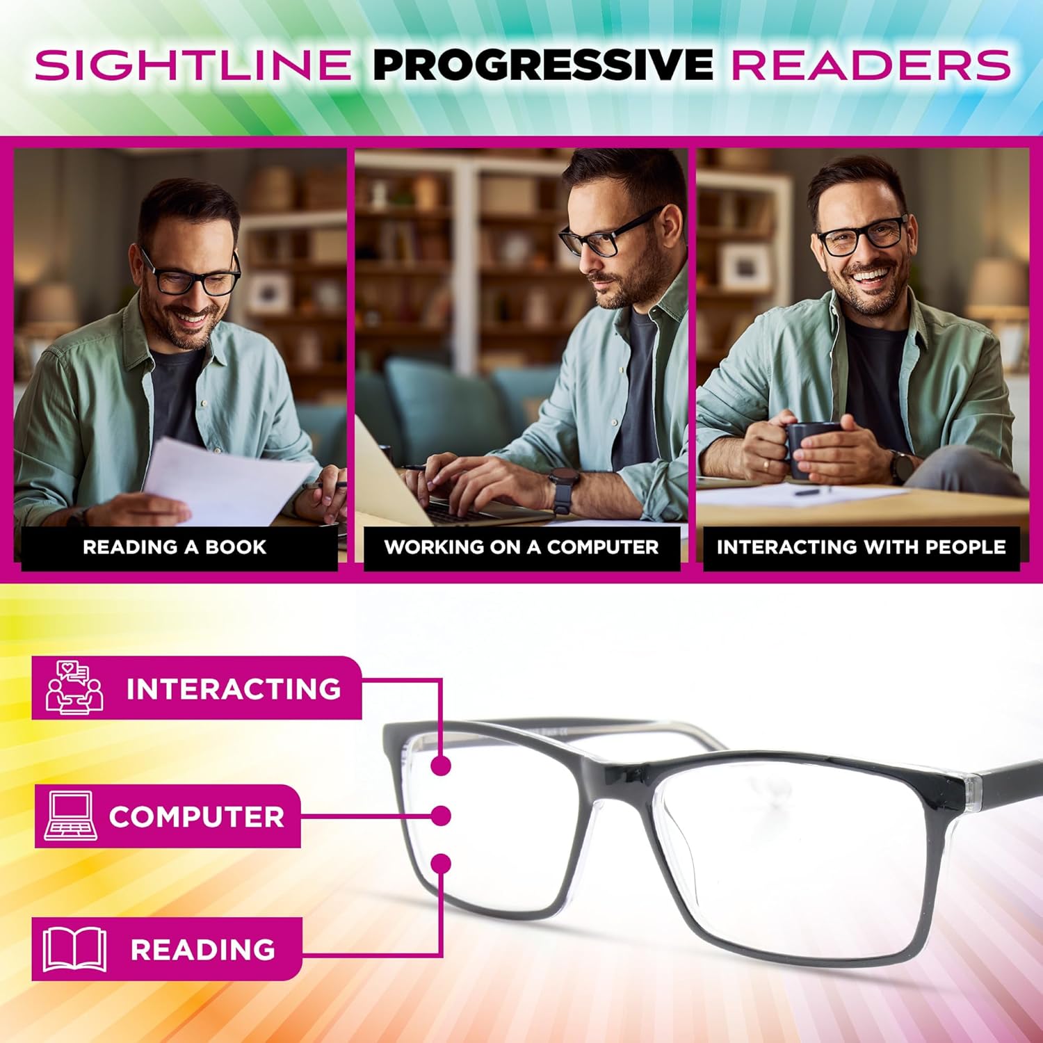 Sightline 6015 XL Multifocus Progressive Reading Glasses – Wide Fit Multifocal Readers with Patented Progressive Lenses