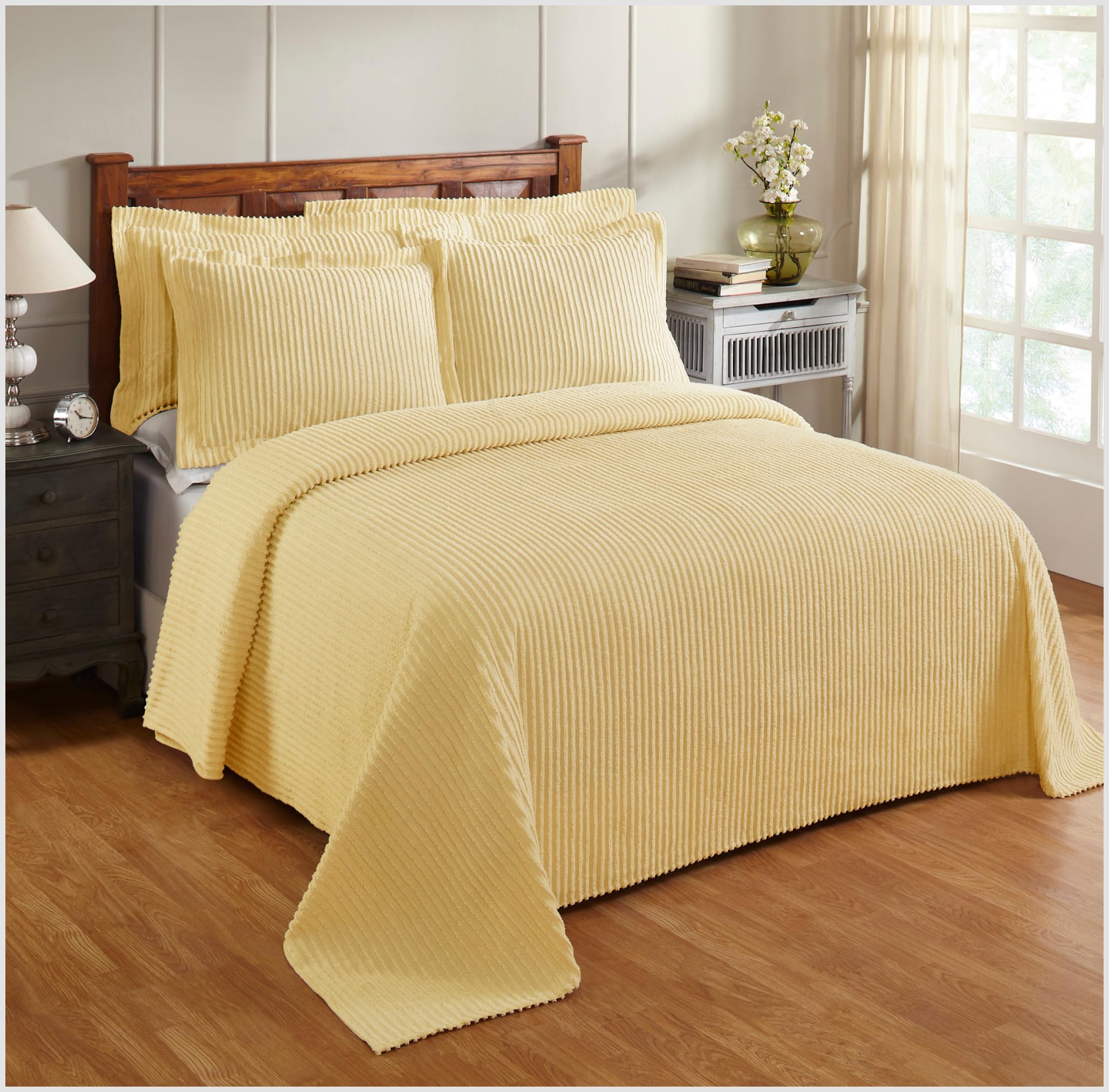 Better Trends Chenille Bedspreads Queen Size, Yellow 100% Cotton Chenille Stripe Design Tufted Bedding Coverlet Soft Lightweight, 102"x110" 1 Pieces Jullian Collection