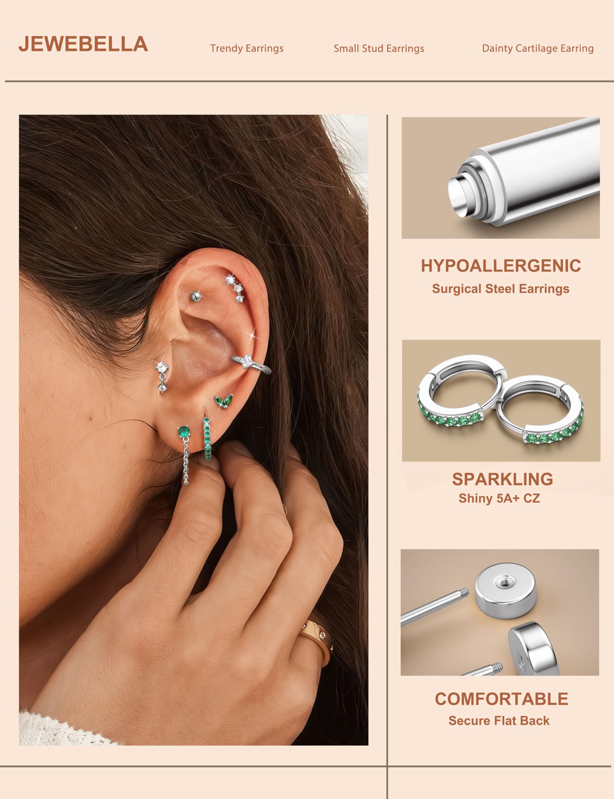 HMJGDHX 12 sztuk Helix Piercing biżuteria srebrne złote kolczyki dla kobiet chirurgiczne stalowe kolczyki z płaskim tyłem Rook Daith Conch Tragus Piercing biżuteria małe Helix Hoop kolczyki na