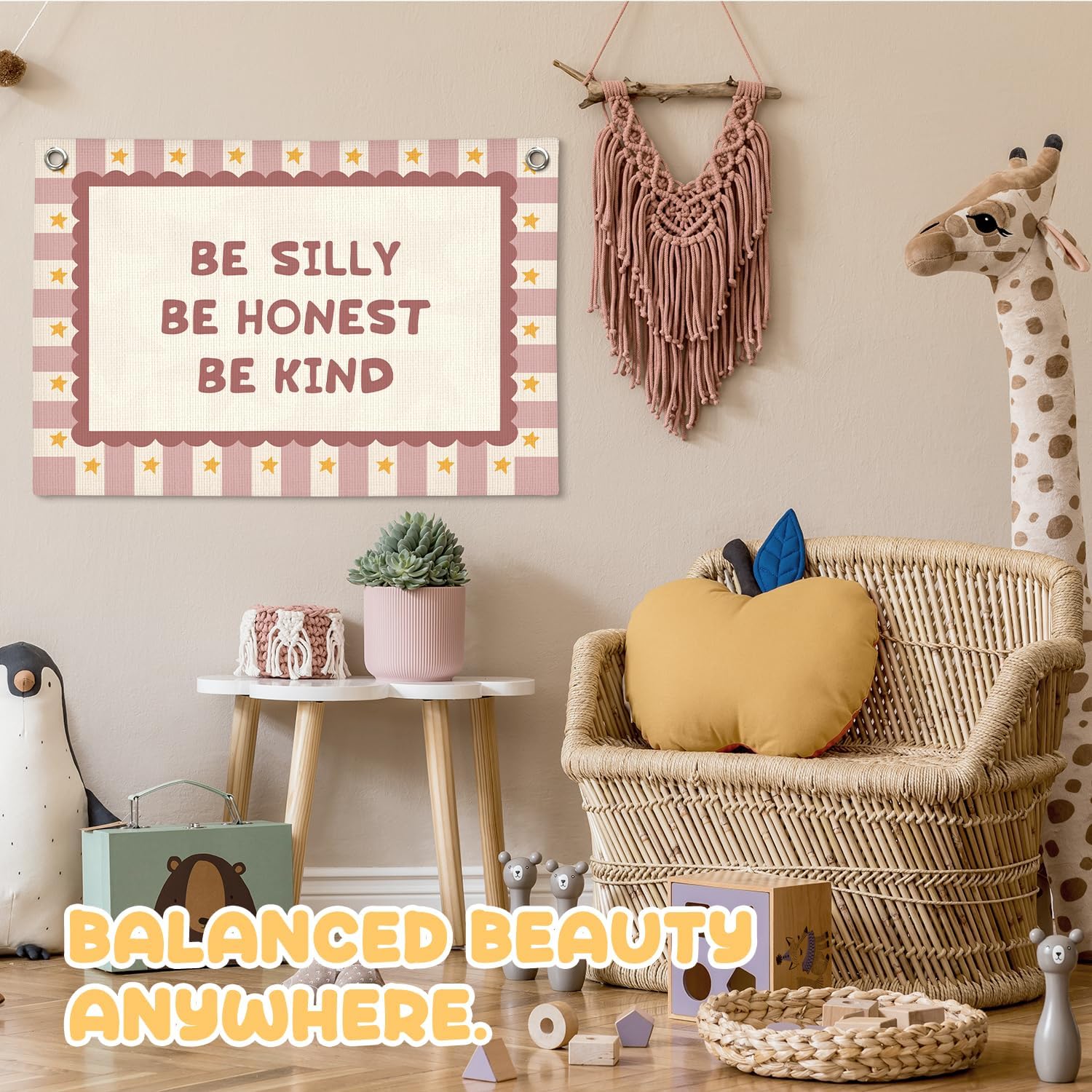 Pink Girls Room Decor, Girl Nursery Decor Boho Retro Classroom Wall Hanging Canvas Banner, Be Silly Honest Kind Classroom Wall Art Decor for Kids Nursery Toddler Room Bedroom Playroom, 30x20 image 4