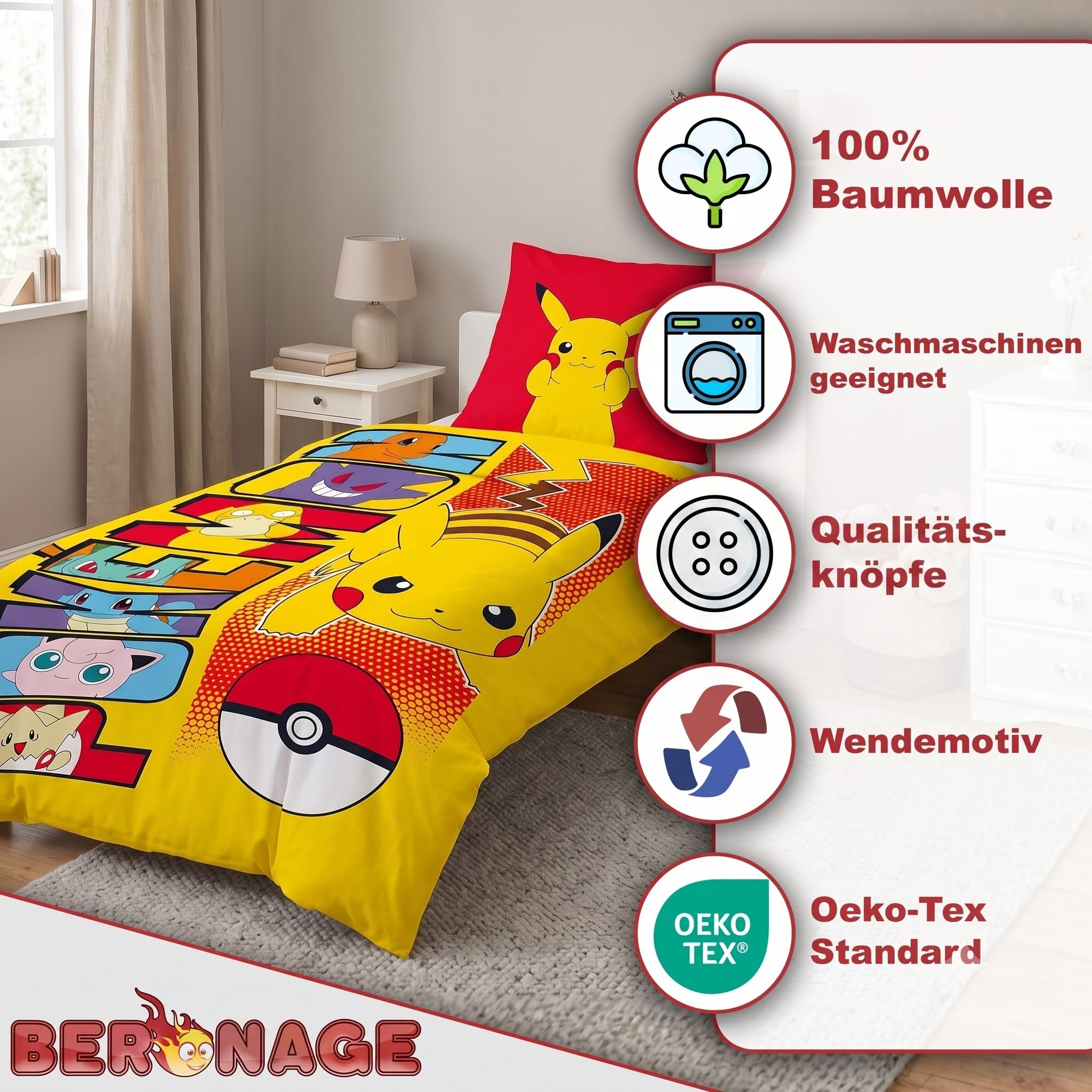 Linon Kinder Wende-Bettwäsche Pokémon Motiv Go Pikatchu Neu & Ovp Renforcé - 135 x 200cm + 80 x 80cm 100% Baumwolle Pokemon Kinderbettwäsche deutsche Größe