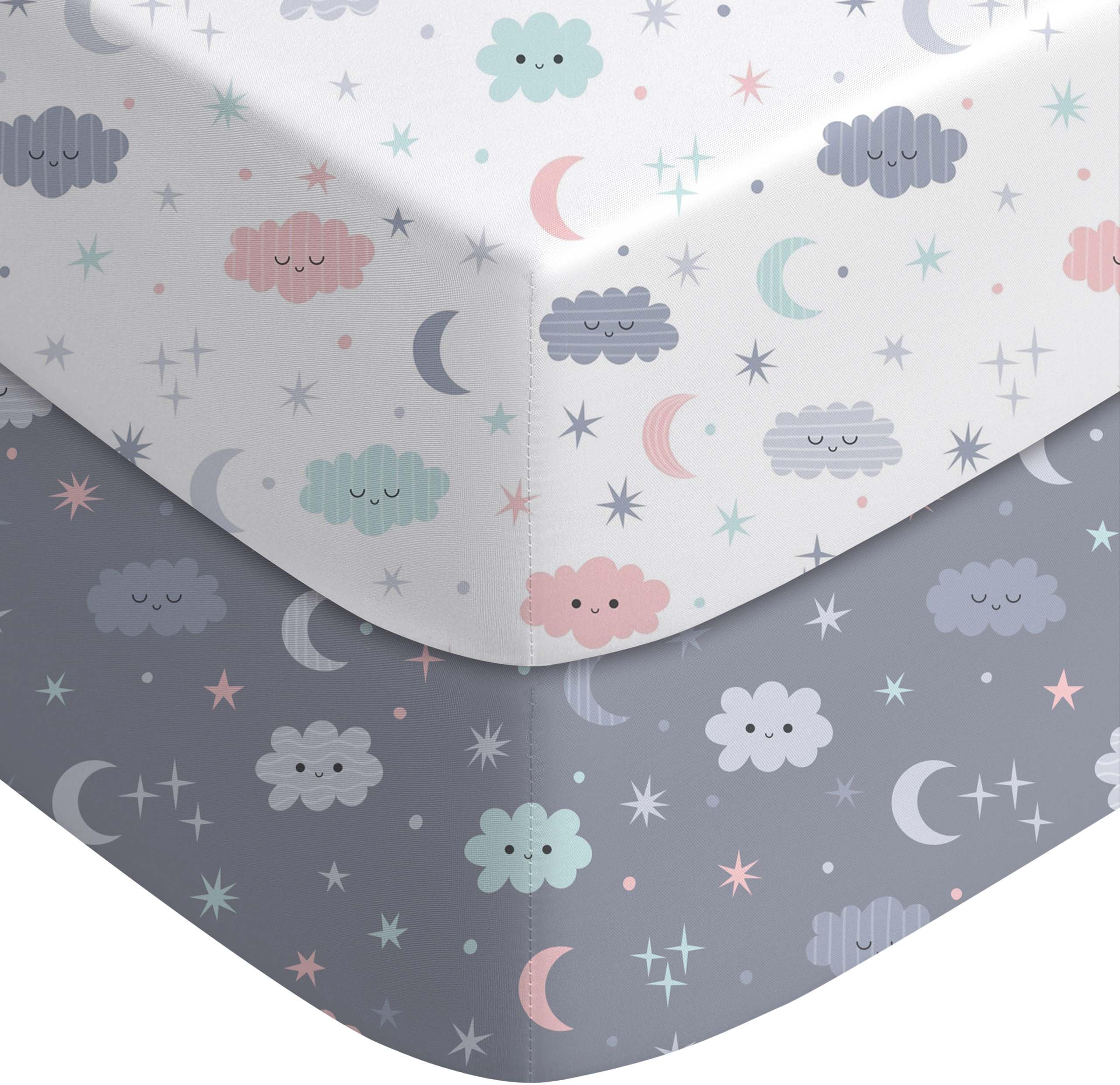 Yoofoss Fitted Crib Sheet Set 2 Pack Baby Sheets for Standard Crib Toddler Mattress Cover Soft Microfiber Breathable Mattress Cover for Boys and Girls 28x52x9in White&Grey