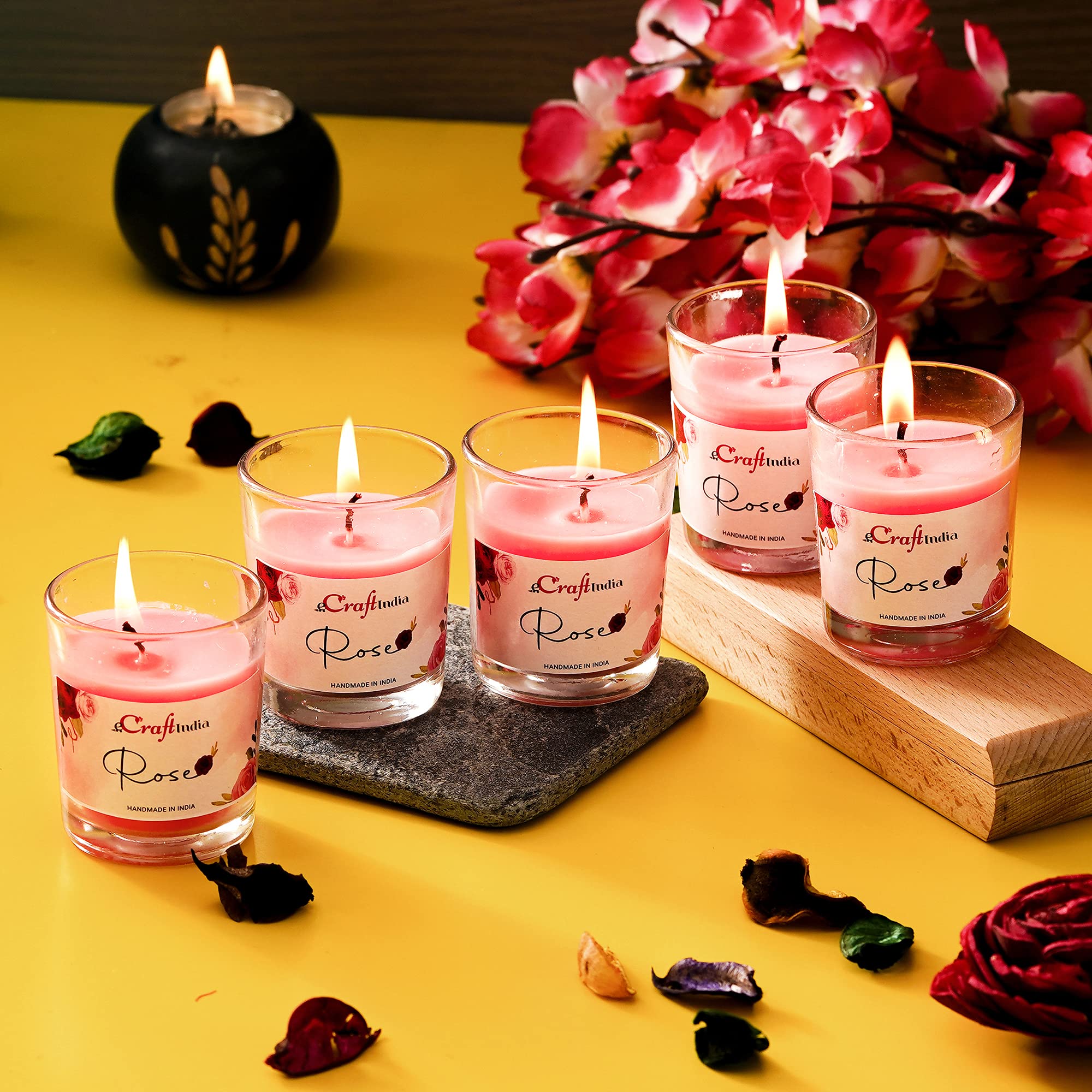 eCraftIndia Set Of 5 Glass Rose Scented Candles For Home Decor - Fragrance Candles For Bedroom Or For Meditation - Gift For Christmas, Diwali, Wedding, Housewarming, Birthday, Easter, Valentine's Day