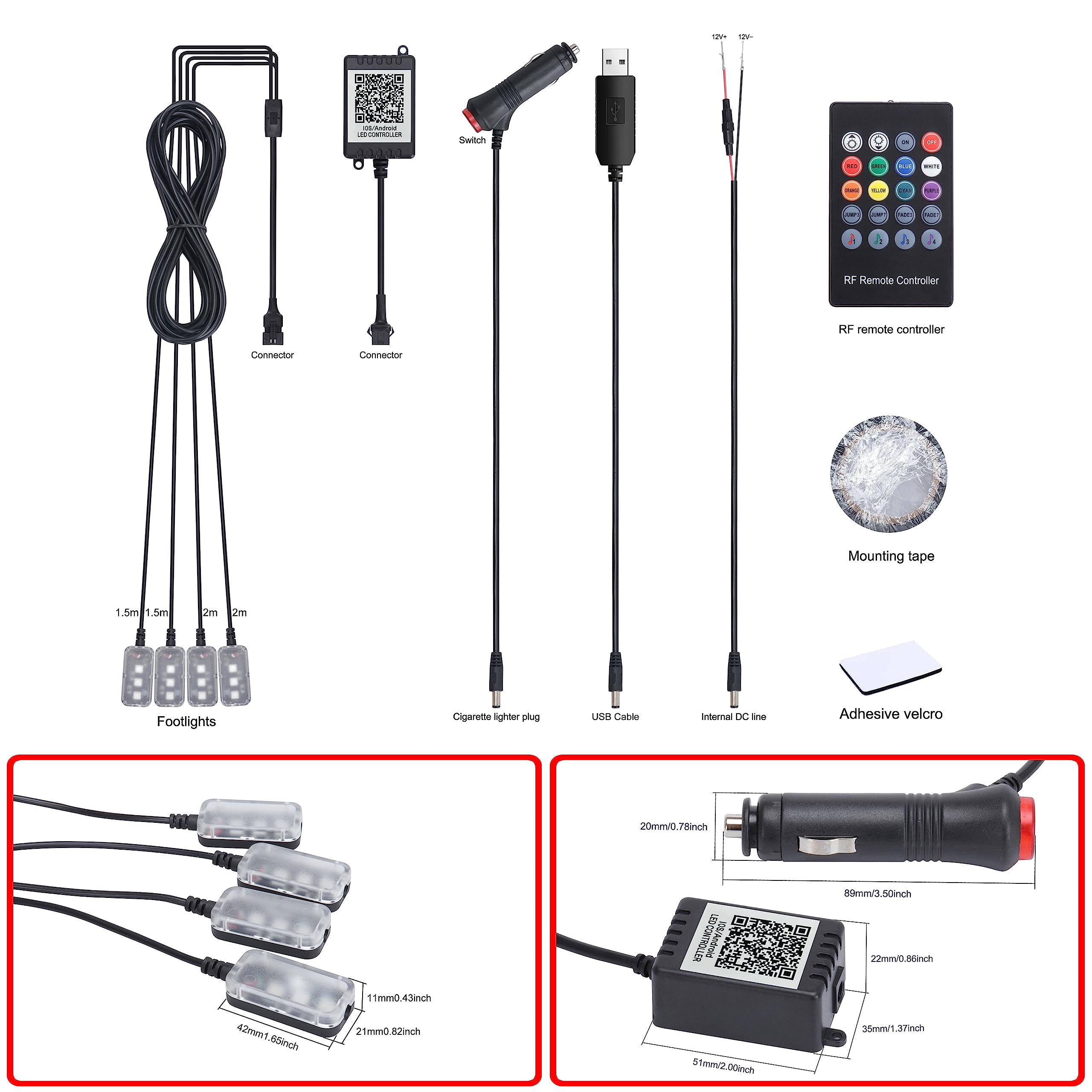 TABEN Illuminazione vano Piedi per Auto Telecomando RGB + Controllo App Lampada con Luce Decorativa Rimontaggio Fai da Te Flessibile 64 Colori Illuminazione Interna Atmosfera Luce 1W DC 12V - 3