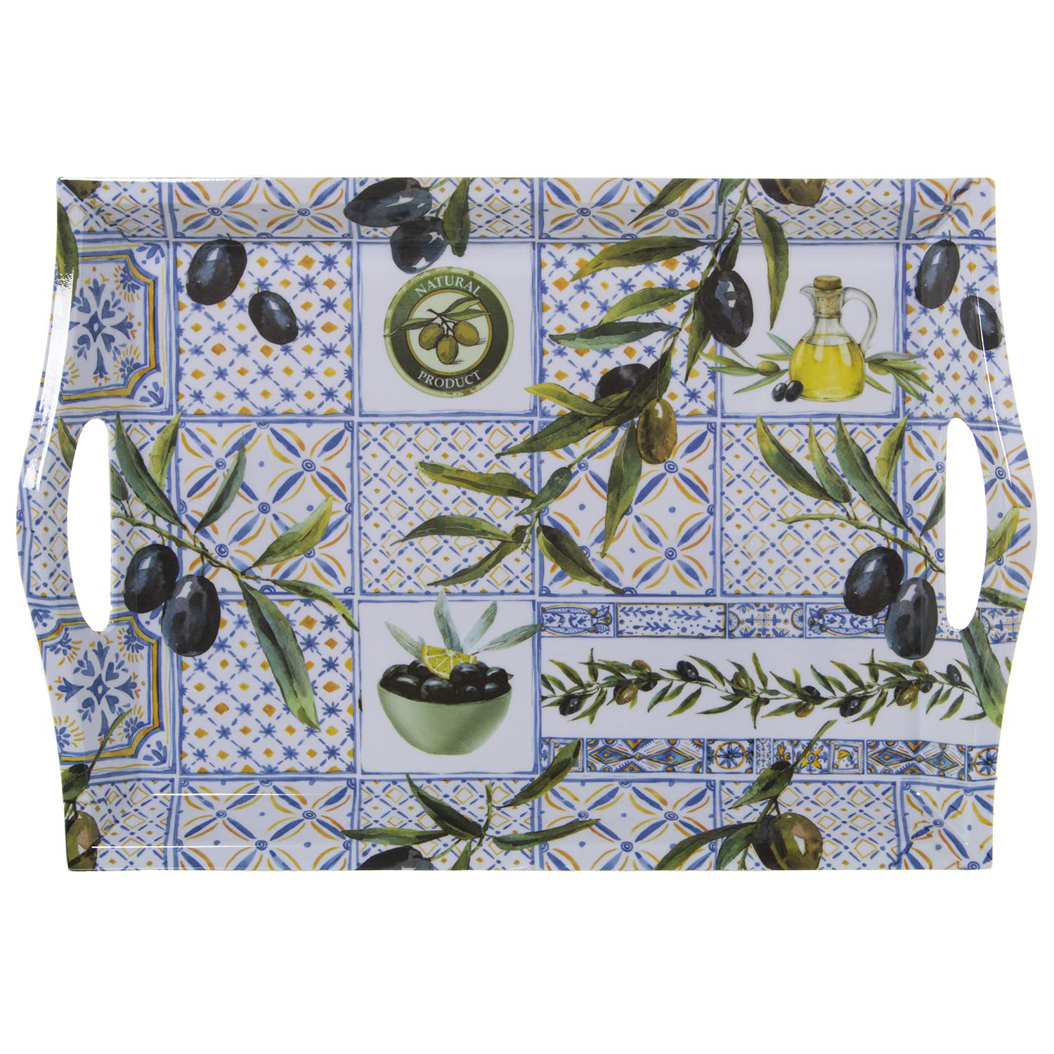 Plateau en mélamine rectangulaire ultra résistant à poignées motif olives