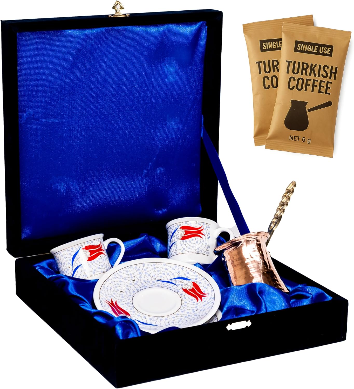 Turkish Coffee Set in Premium Gift Box | 2 Floral Porcelain Cups with Saucers & 1 Copper Pot | Authentic Ottoman Style Coffee Maker Set for Serving and Brewing– Weddings, Birthdays & Special Occasions