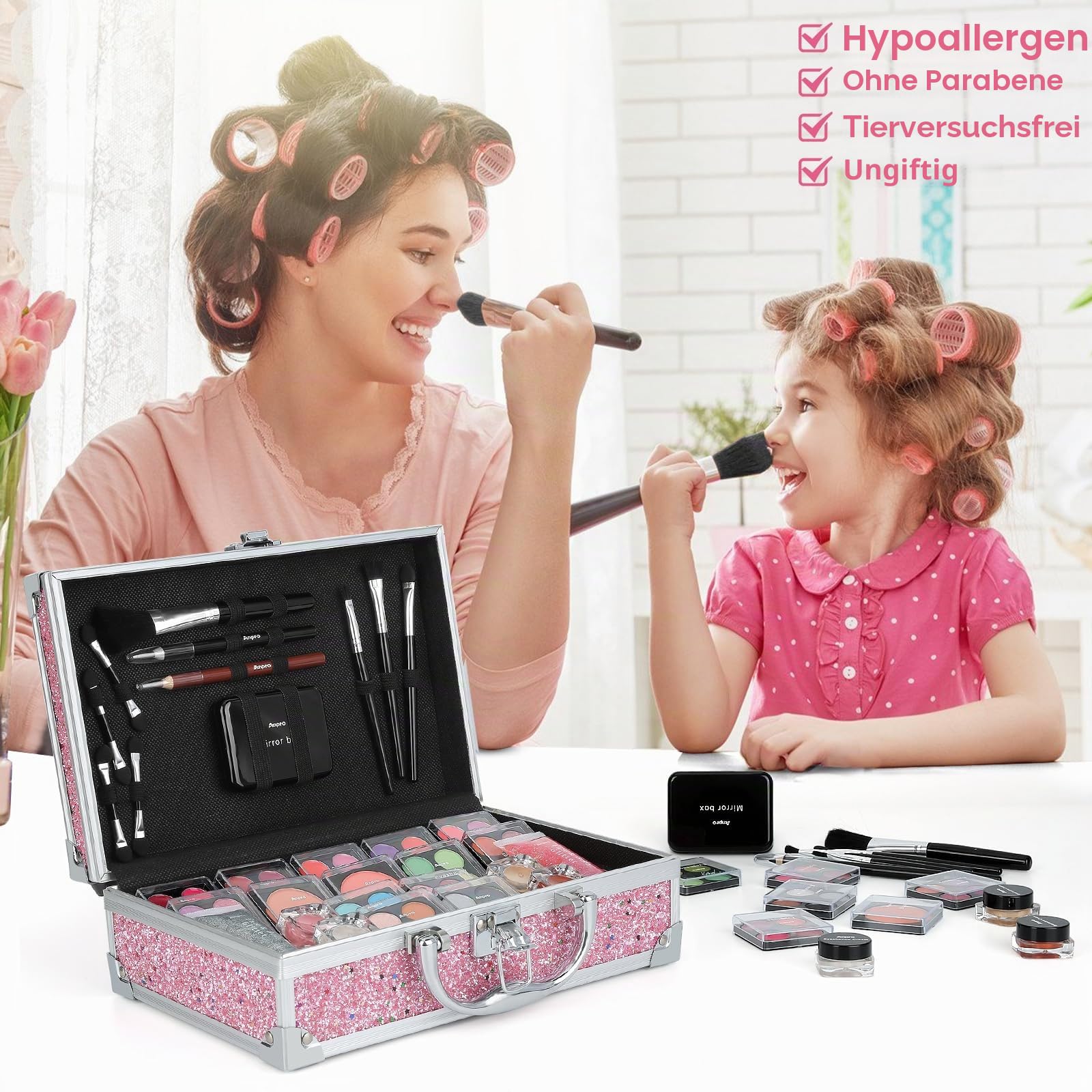 Anpro Veganes Hot Pink Schminkkoffer, Make Up Set für unterwegs mit Kosmetikpinsel, Lippenstift, Lidschattenpalette, Rouge, Glitzer-Gel in Rosa, lustiger Reise-Schminkkoffer für Mädchen