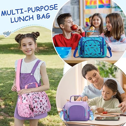 Miniatura 7 de VASCHY Lonchera para niños, bonita lonchera reutilizable con aislamiento para preescolar, guardería, escuela, jardín de infantes, tiburones azules