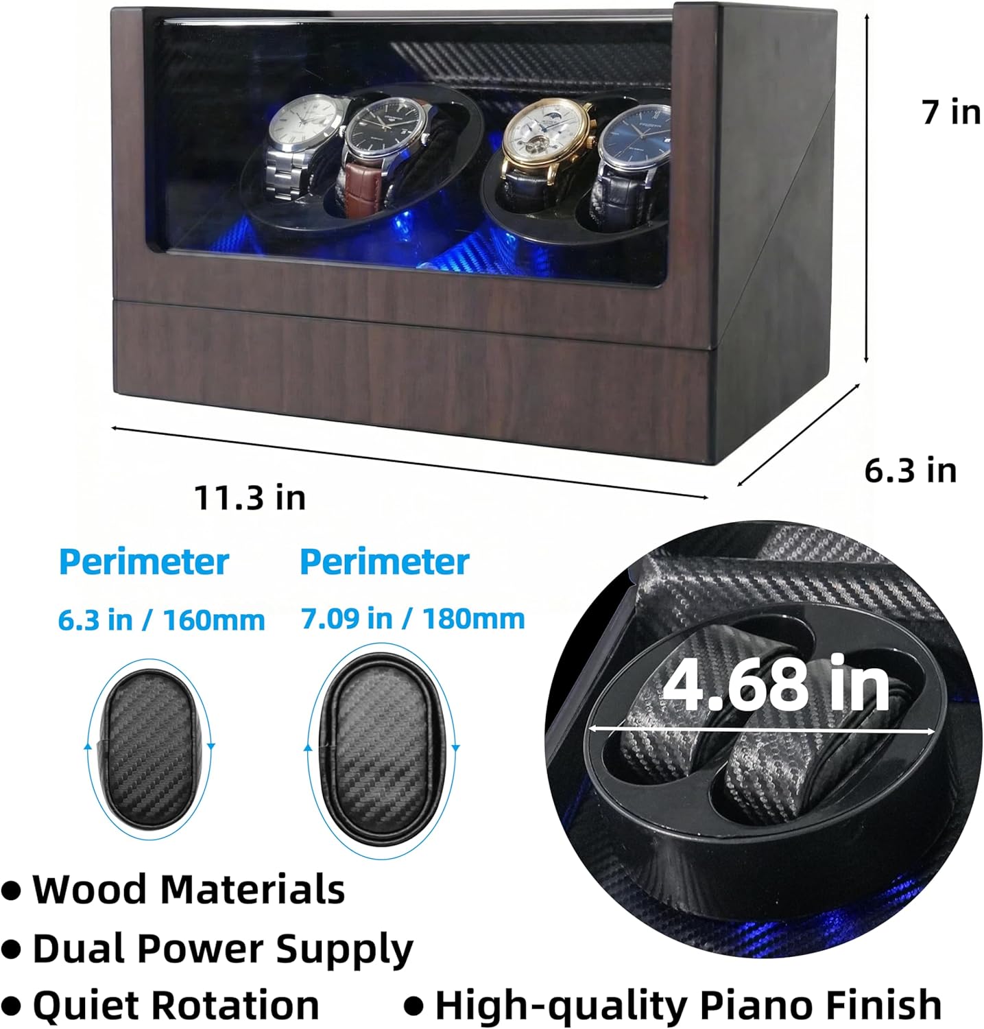 Watch Winders for 4 Automatic Watches, Automatic Watch Winder Box, Watch Spinner for Rolex with Blue Light, Battery or USB Powered, Present for Men and Women, Quiet Mabuchi Motor