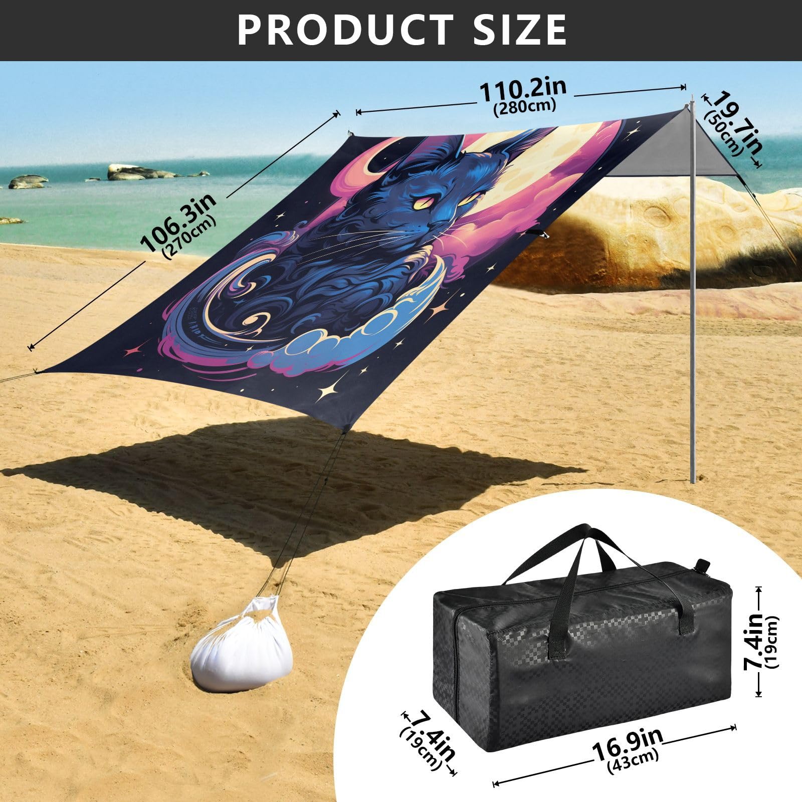 Kunstwerk Katze Mond Strandzelt Sonnenschutz Camping-Vordach,Einfach Aufzubauen,Tragbar mit Sandsäcken für Angeln und Picknick im Freien