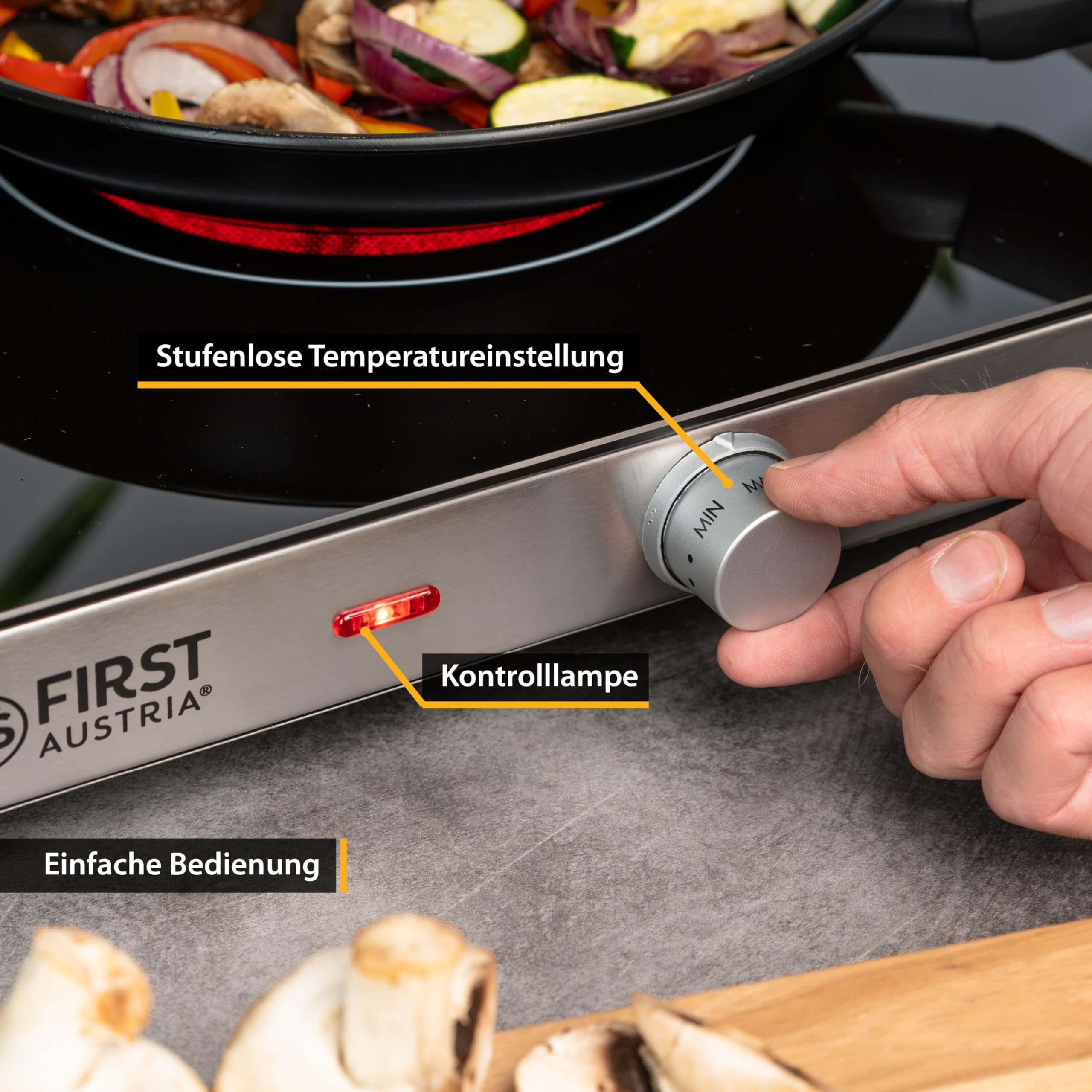 TZS First Austria - Kochplatte Infrarot 2er Glaskeramik-Herdplatte ALLE Topfarten 2800W - Doppelkochplatte Kochfeld elektrisch für Umzug, Camping & Wohnung - Stufenlose Einstellung & Kontrollleuchte