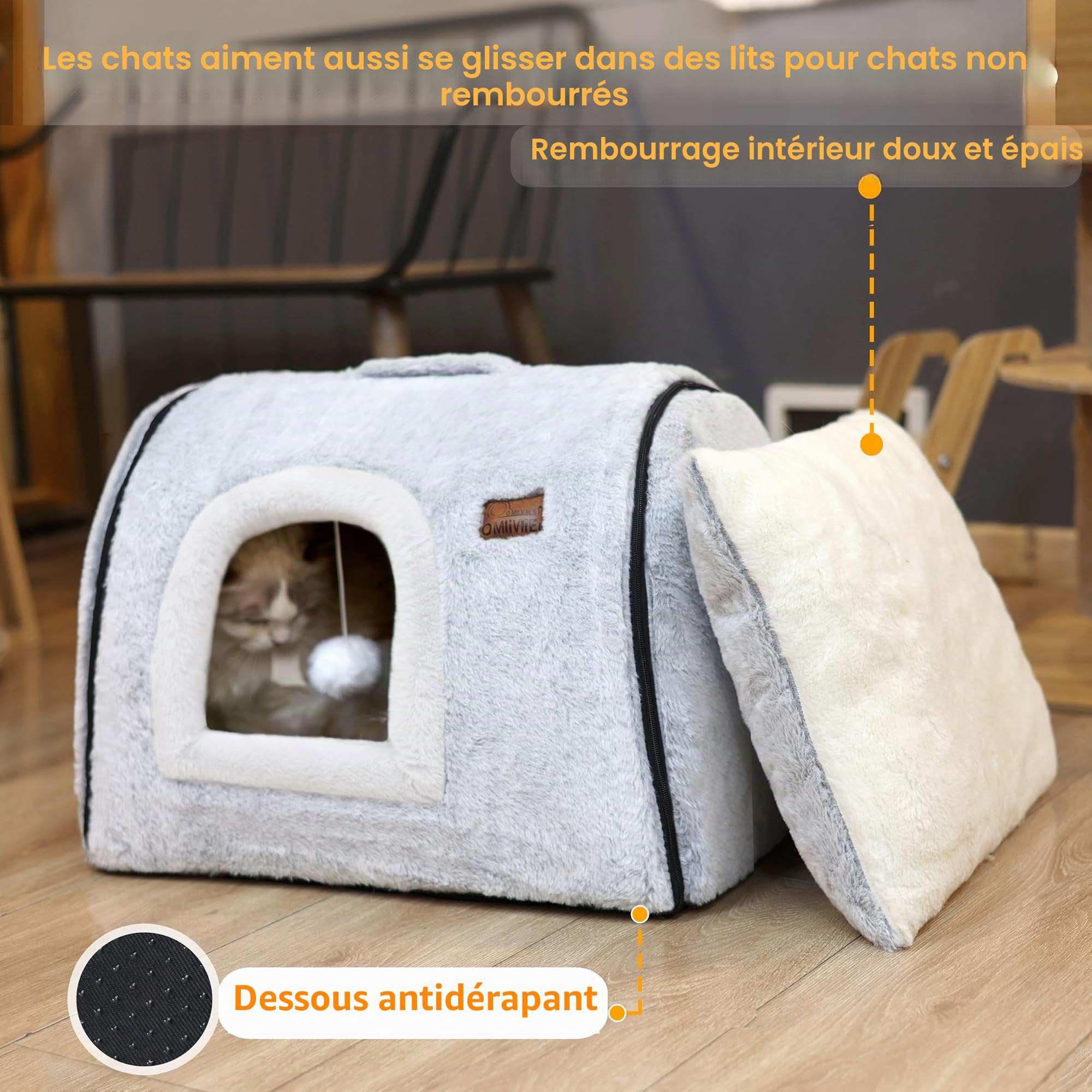 Lit pour Chat d'intérieur Doux et Confortable, avec Coussin rembourré Amovible et Lavable, lit fermé pour Chat, cachette, Tente pour Petit Chien (Gris)