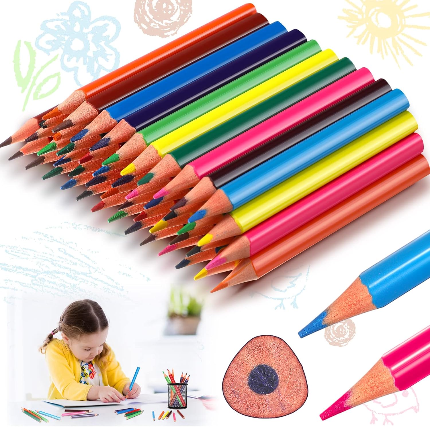 Nezyo 48 Pieces Short Fat Colored Pencils for Kids Pre Sharpened Triangle Color Pencils Triangular Wooden Pencils for Preschoolers Beginners Toddlers Students Drawing Doodling : Office Products