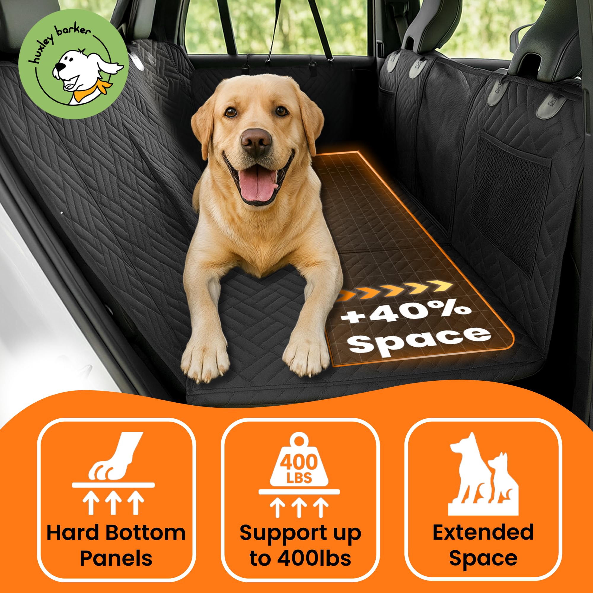 Huxley Barker Car Back Seat Extender for Dogs – 40% Extra Space, 600D Oxford Waterproof Dog Car Seat Cover with Hard-Bottom Bridge, Non-Slip Base, Mesh Window & Storage Pockets – Foldable Design - image 2