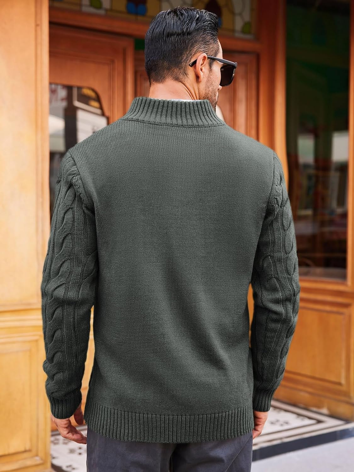 Runcati Mens Cable Knit Pullover Sweater Casual Stand Collar Chunky Buttons Fall Winter Sweaters - Image 3