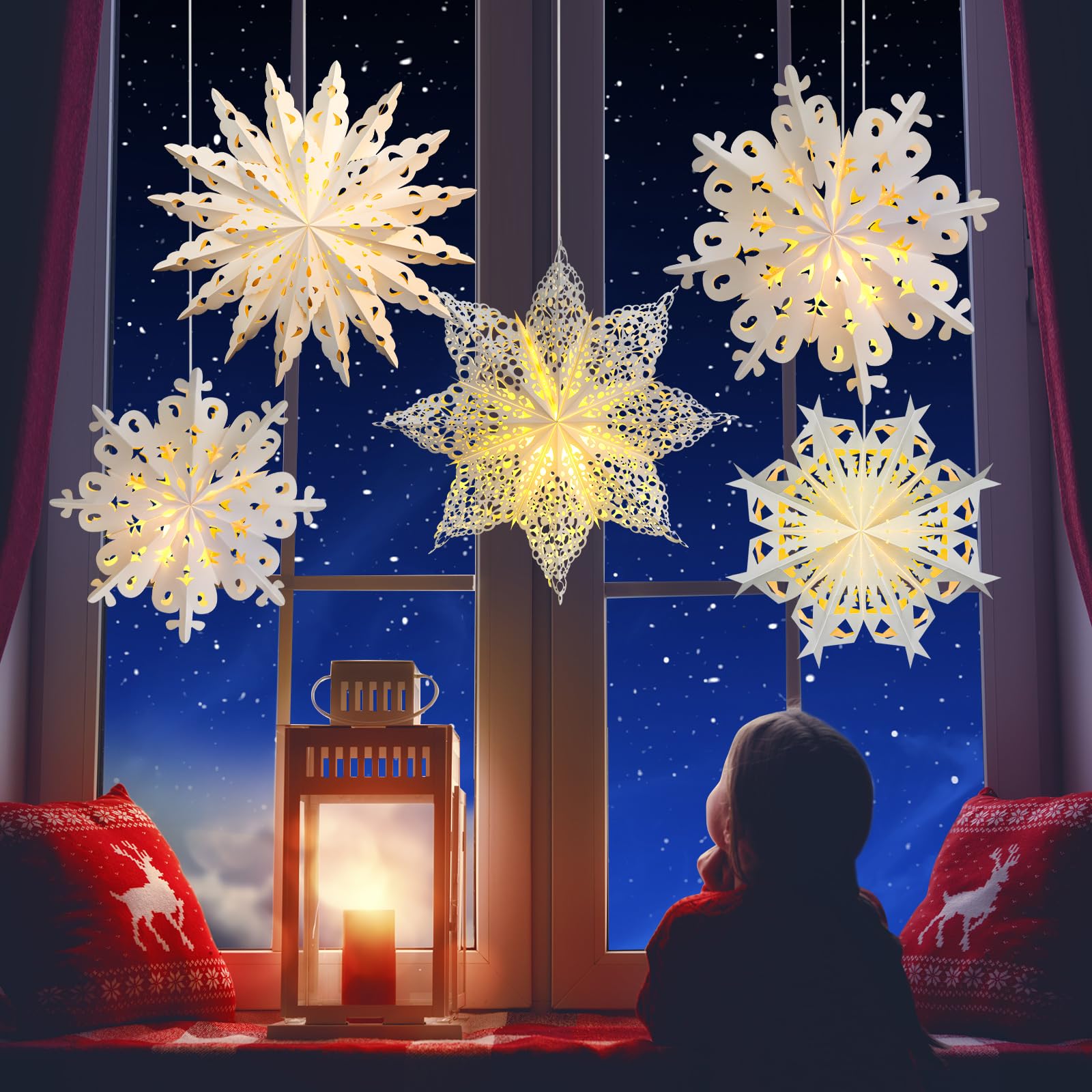 Mudder 5 Stück große Weihnachtsschneeflocken-Papierlaterne mit 7 Lichtern, 60 cm / 45 cm Sterne, Papier, 3D-Hängelaterne, Party-Dekoration für Hochzeiten, Feiertage, Weihnachtsbäume (niedlicher Stil