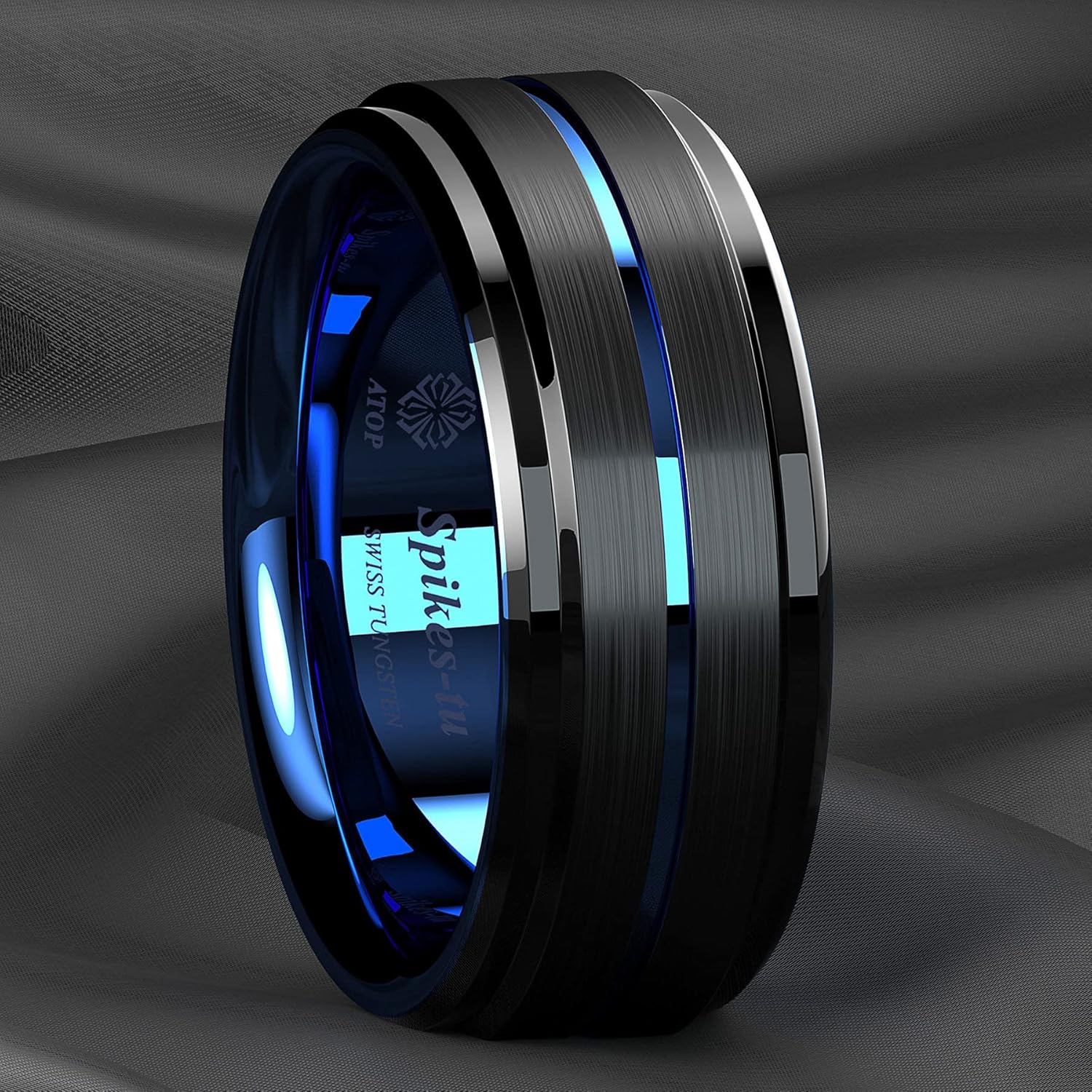 ATOP 8Mm Black Tungsten Carbide Ring for Men Wedding Band Blue line Groove Brushed Comfort Fit Male Bridal Engagement Ring