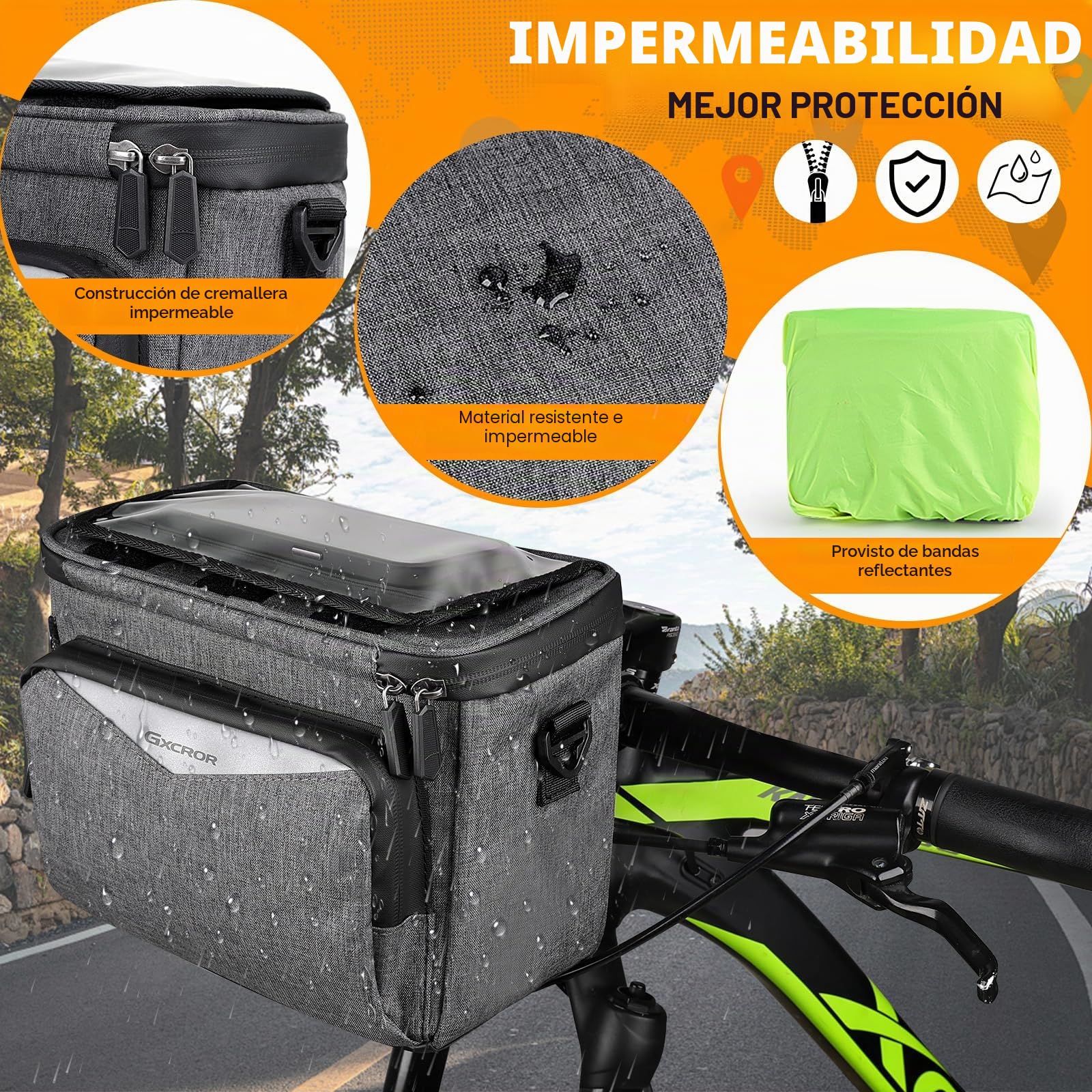 GXCROR Bolsa para manillar de bicicleta de 5,5 L con pantalla táctil, soporte para teléfono móvil, impermeable, para todos los teléfonos móviles, D27GXC