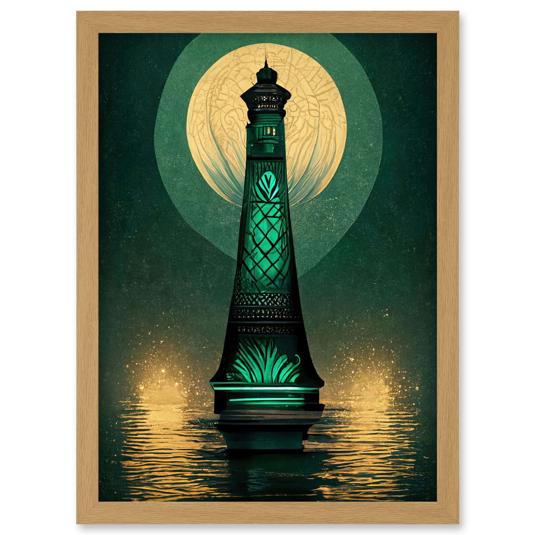 Doppelganger33 LTD Art Deco Lighthouse Great Gatsby Moonlight Emerald Artwork Framed A3 Wall Art Print