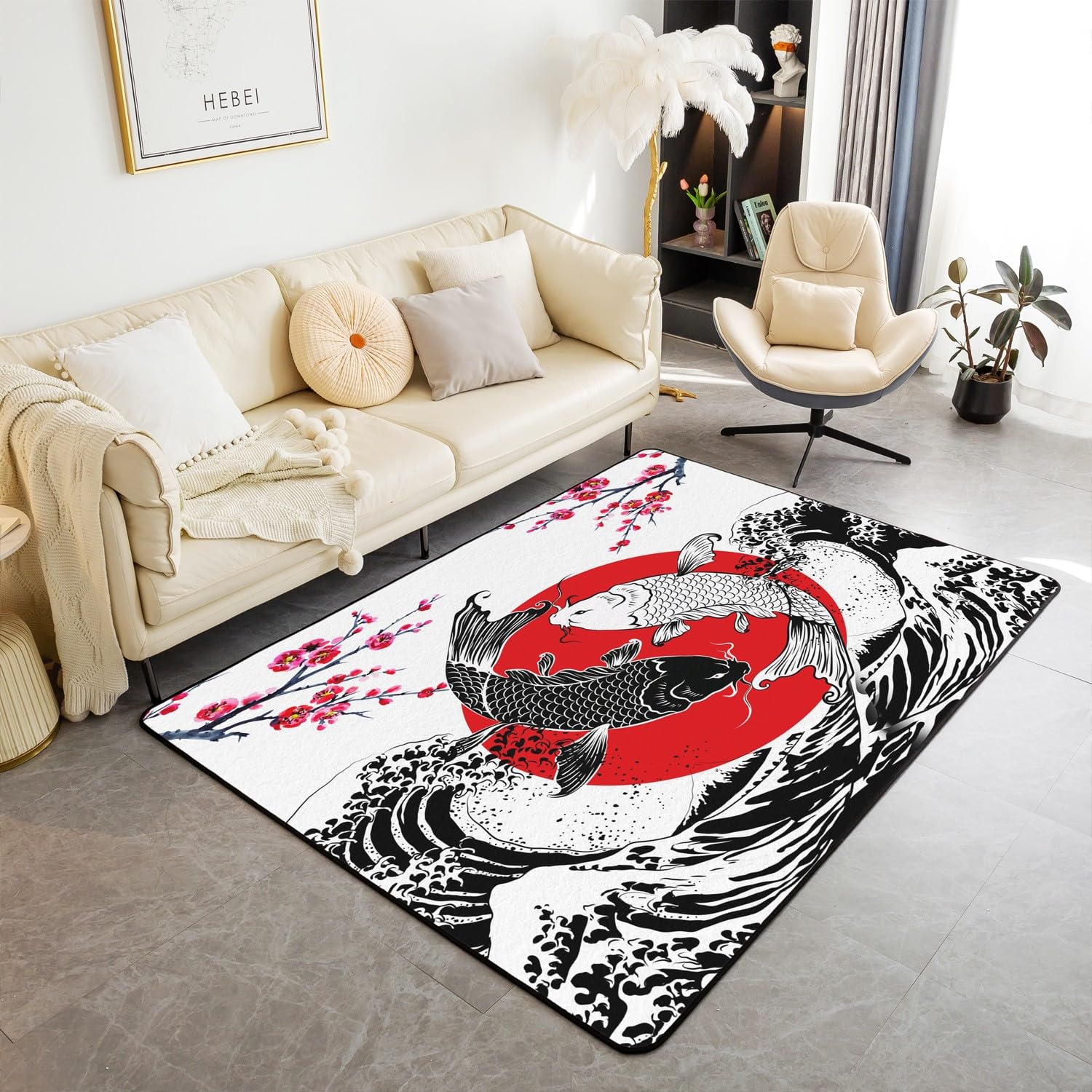 Alfombra Koi para niños moderna de 100 x 150 cm con diseño de carpas onduladas para salón