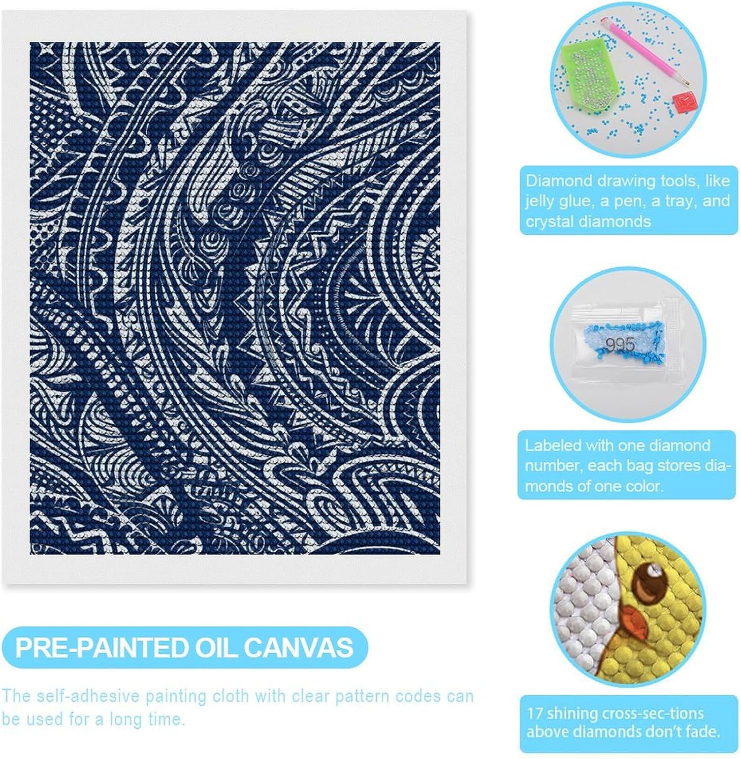 YKLBV Diamond Art Kits for Adults Diamond Painting Kits for Adults DIY Paint with Round Full Drill Diamonds Paintings Blue Polynesian Maori Tribal Pattern Gem Art for Home Wall Decor Gift