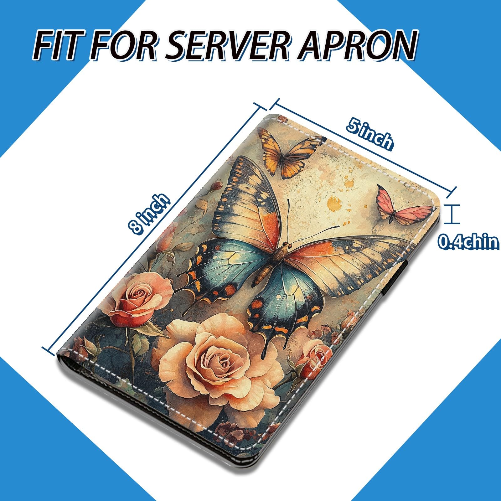 NLZQTTBD Server Books for Waitress Cute Waitress Book PU Leather Server Book with Zipper Wallet Black Serving Book Organizer Fit Server Apron,Rose Butterfly