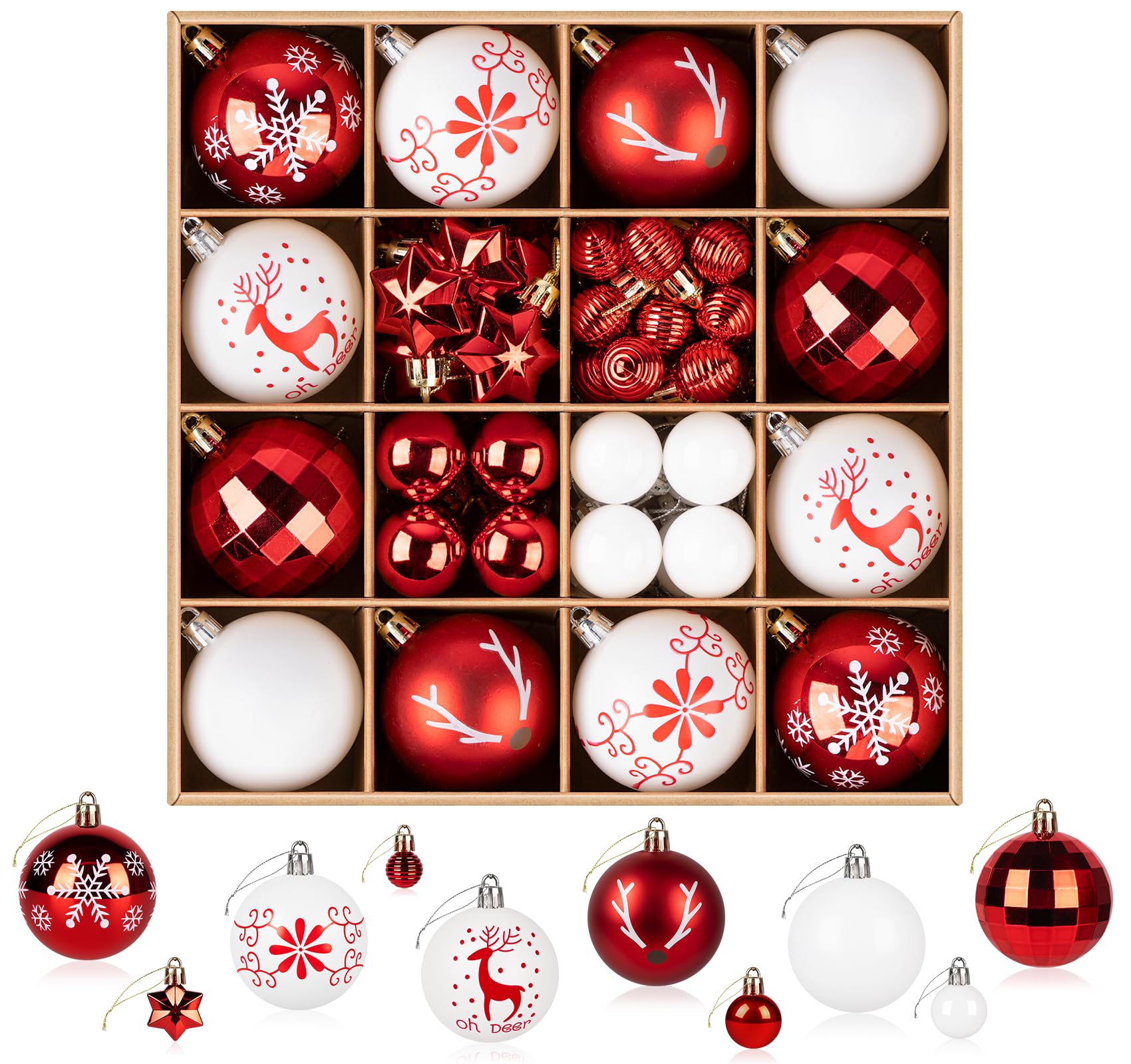 ilauke 60pcs Bolas de Navidad Blanco y Rojo,2/3/6cm Adornos Arbol Navidad,Bolas de Decoración Navideña de Plástico Adornos Navideños,Bolas de Árbol de Navidad Adorno para Decoración de Fiesta Bodas