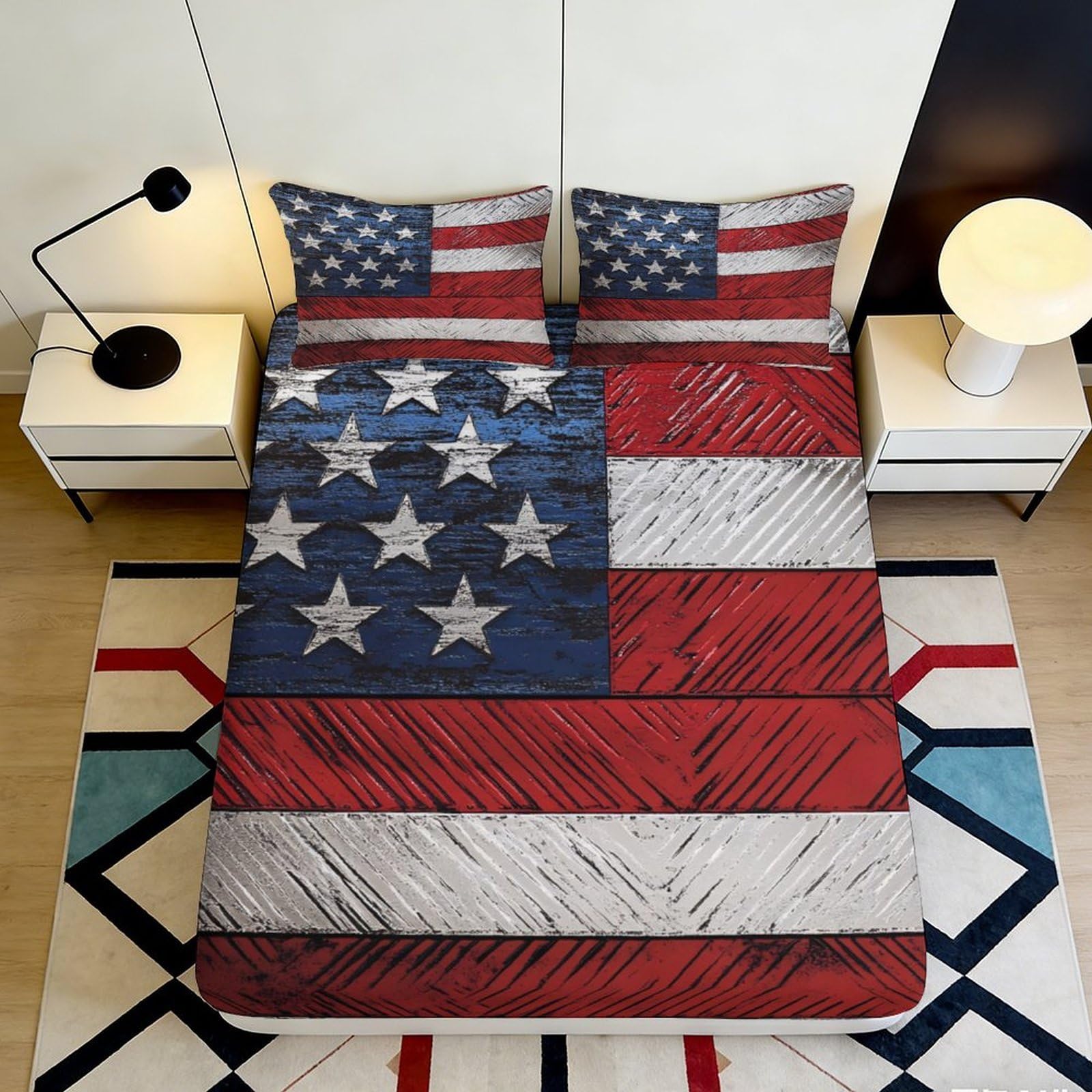3D Printed American Flag Fitted Sheet Microfiber Deep Pocket Non-Slip Bedroom Bedding US Style Mattress Fitted Cover Washable Full Wrap 140x200x25cm