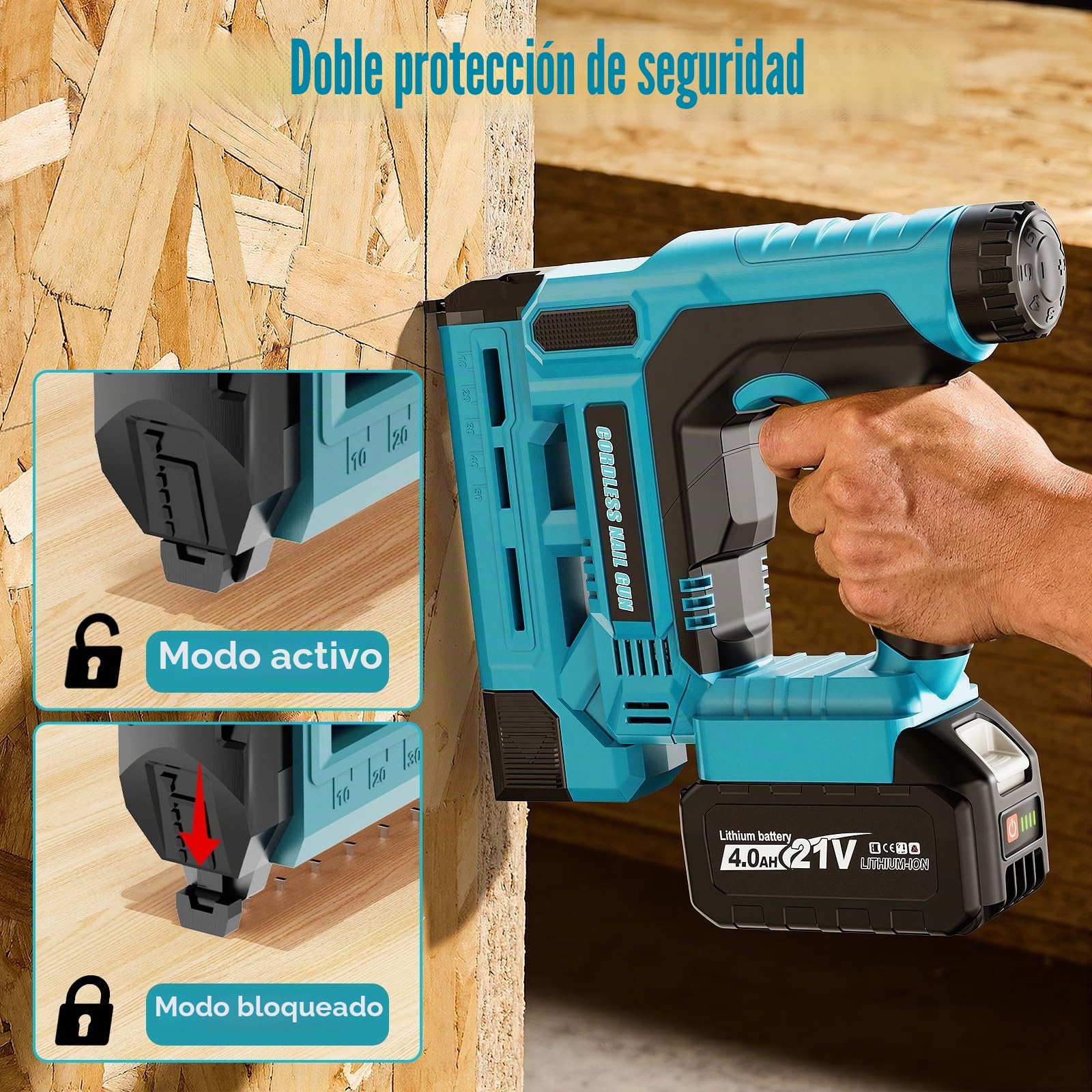 Clavadora a Batería 2 en 1 y Grapadora Eléctrica Compatible con Batería Makita 18V, con 1 Batería de 4.0 Ah, 1000 Clavos y 1000 Grapas – Ideal para Carpintería, Bricolaje y Tapicería