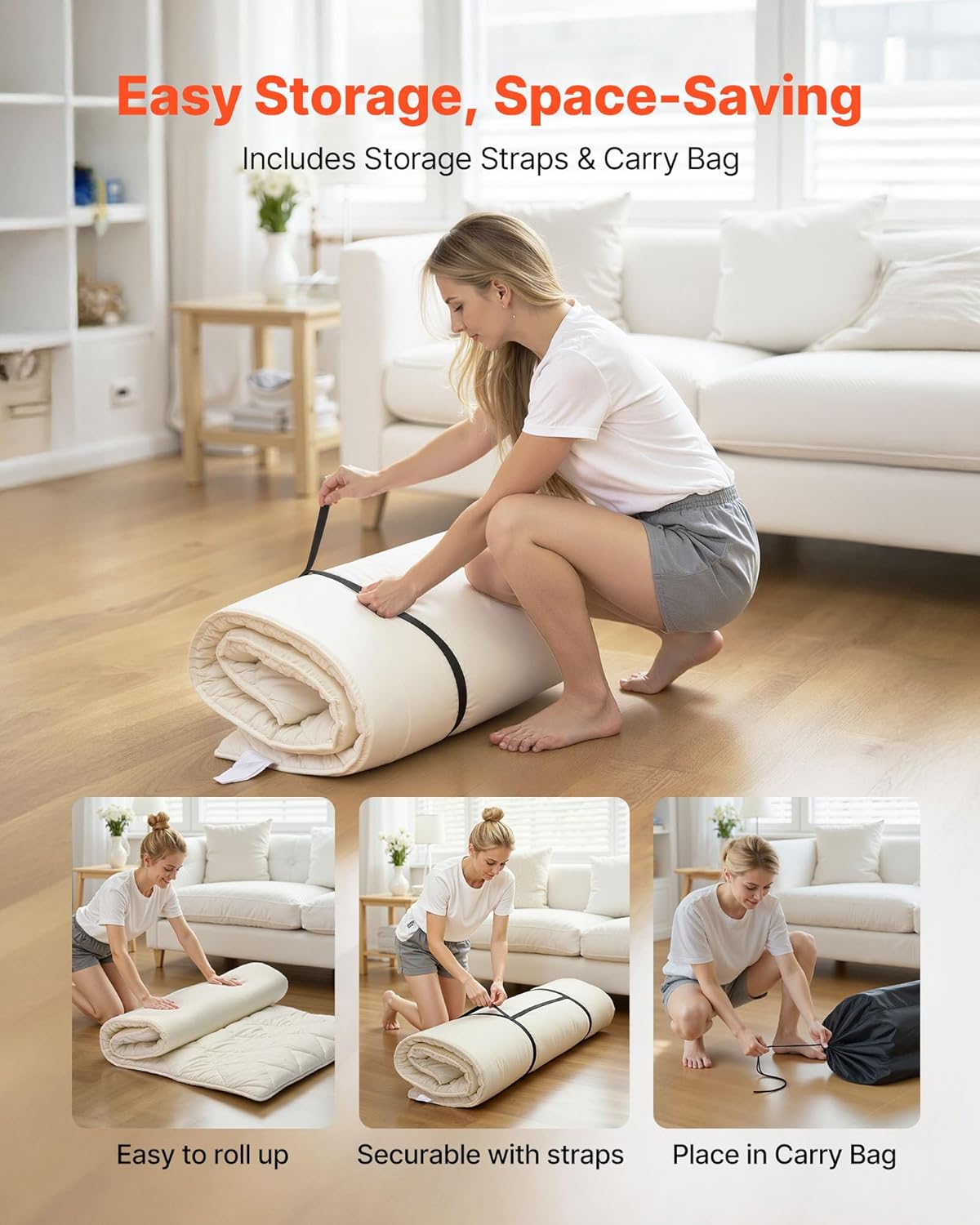 VEVOR 9-Layer Japanese Futon Mattress, 2.5" Thick Twin Tatami Mat, Foldable Roll Up Mattress for Sleeping with Storage Bag, Portable Floor Mattress for Camping Dormitory Yoga, White